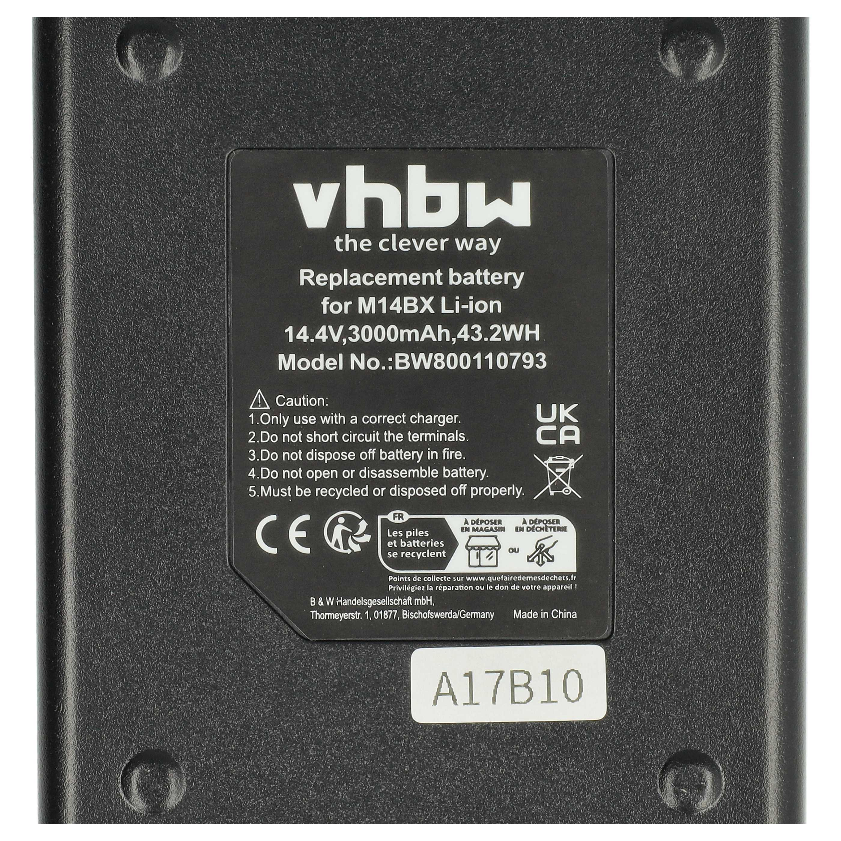 Schwarzer Akku mit weißem Text. Er hat ein 'vhbw'-Logo und Text zu den Akkuspezifikationen, Warnhinweisen und Recyclingsymbolen.