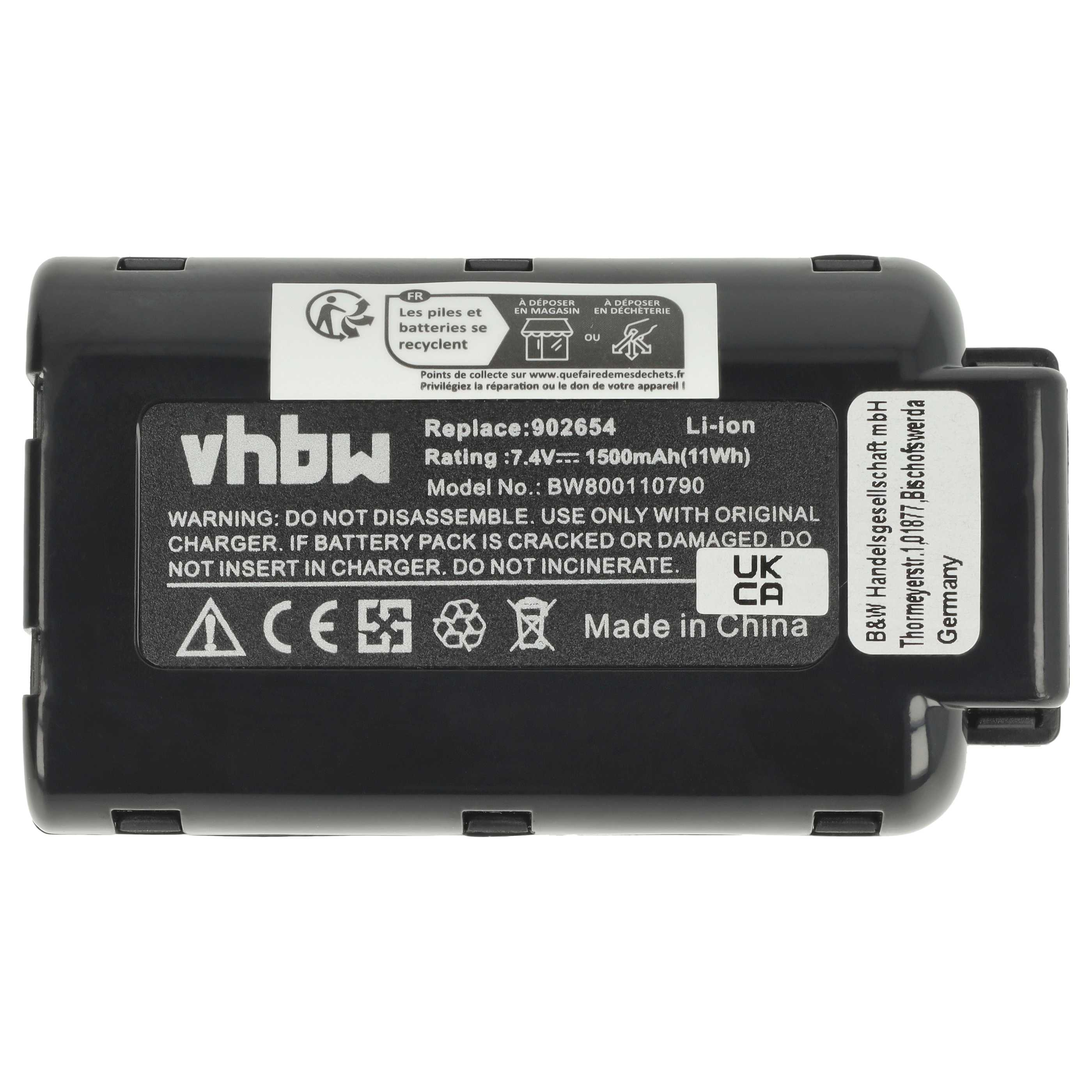 Schwarzer vhbw-Akku mit Warnhinweisen und Recycling-Symbolen. Text enthält Spezifikationen und Herstellerangaben.