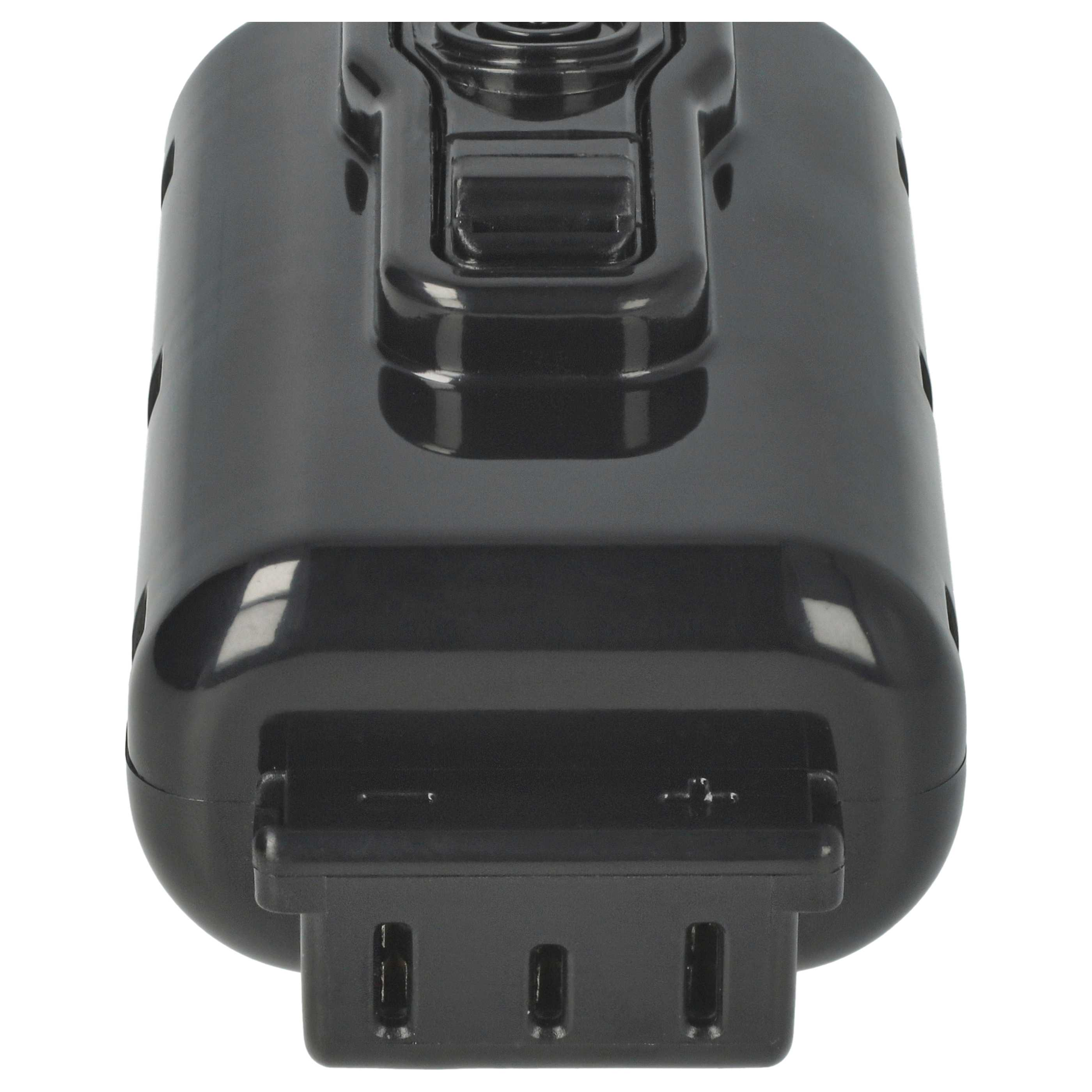 Ein schwarzer Akku ist von oben nach unten zu sehen. Der Akku hat eine rechteckige Form mit abgerundeten Kanten und einem Stecker.