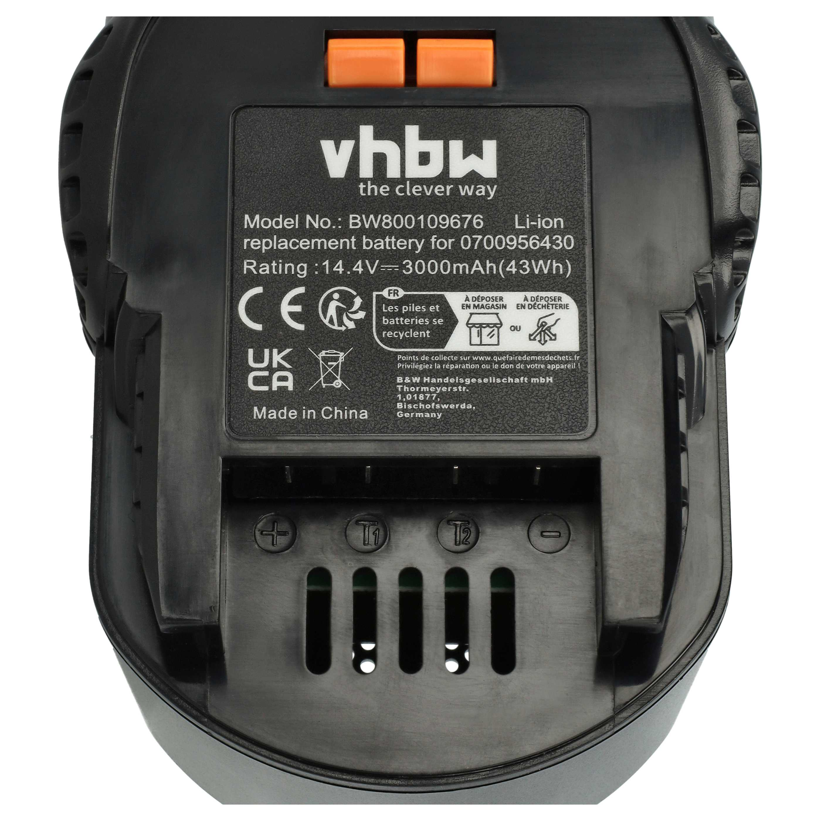 Schwarzer Akku mit orangefarbenen Knöpfen. Text mit 'vhbw', '3000mAh' und Recyclingsymbolen.