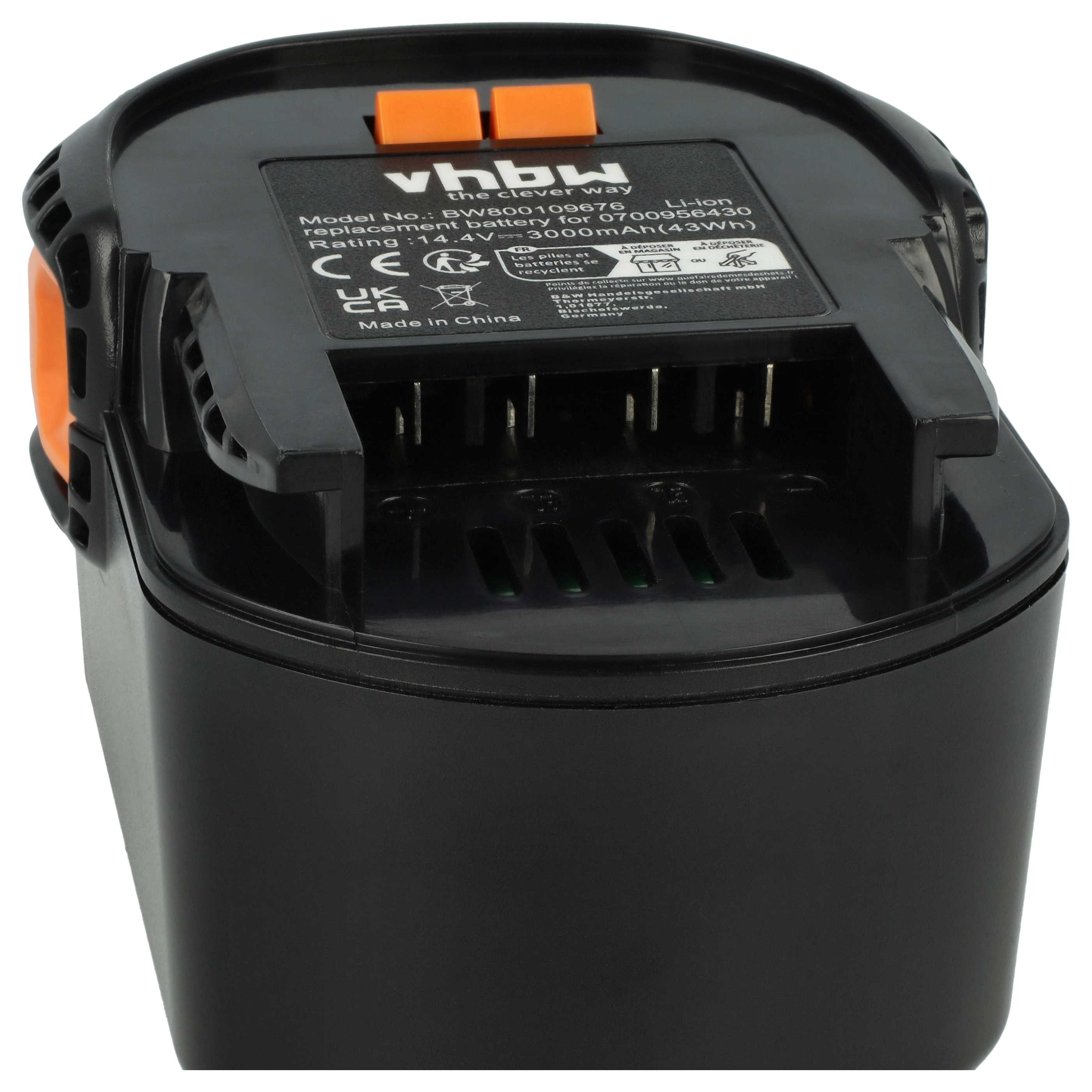 Schwarzer Akku mit orangefarbenen Akzenten. Text oben: vhbw, Modell-Nr., Bewertung, CE, Made in China.