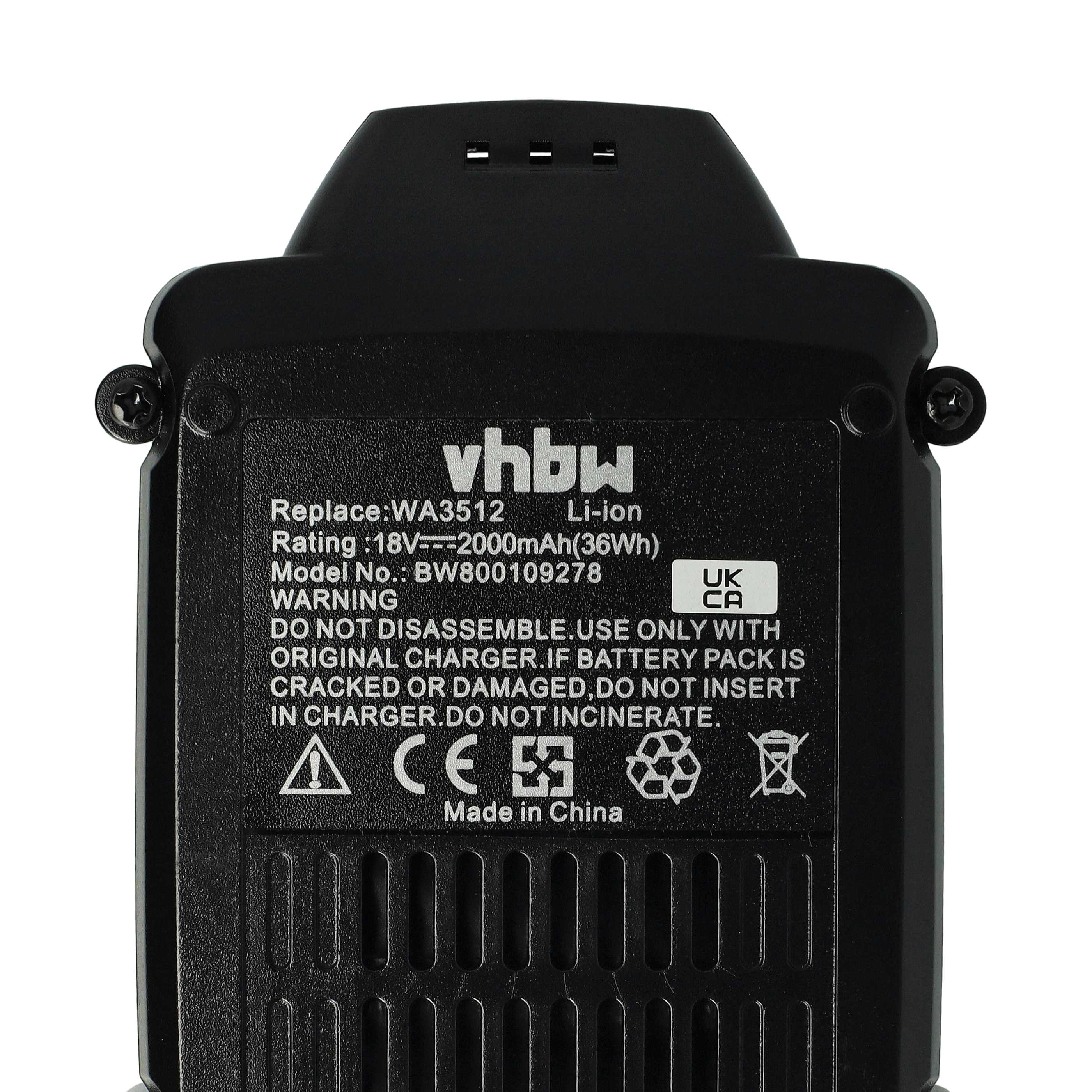 Schwarze vhbw-Batterie. Text enthält Modell, Warnhinweise und Bewertungen.