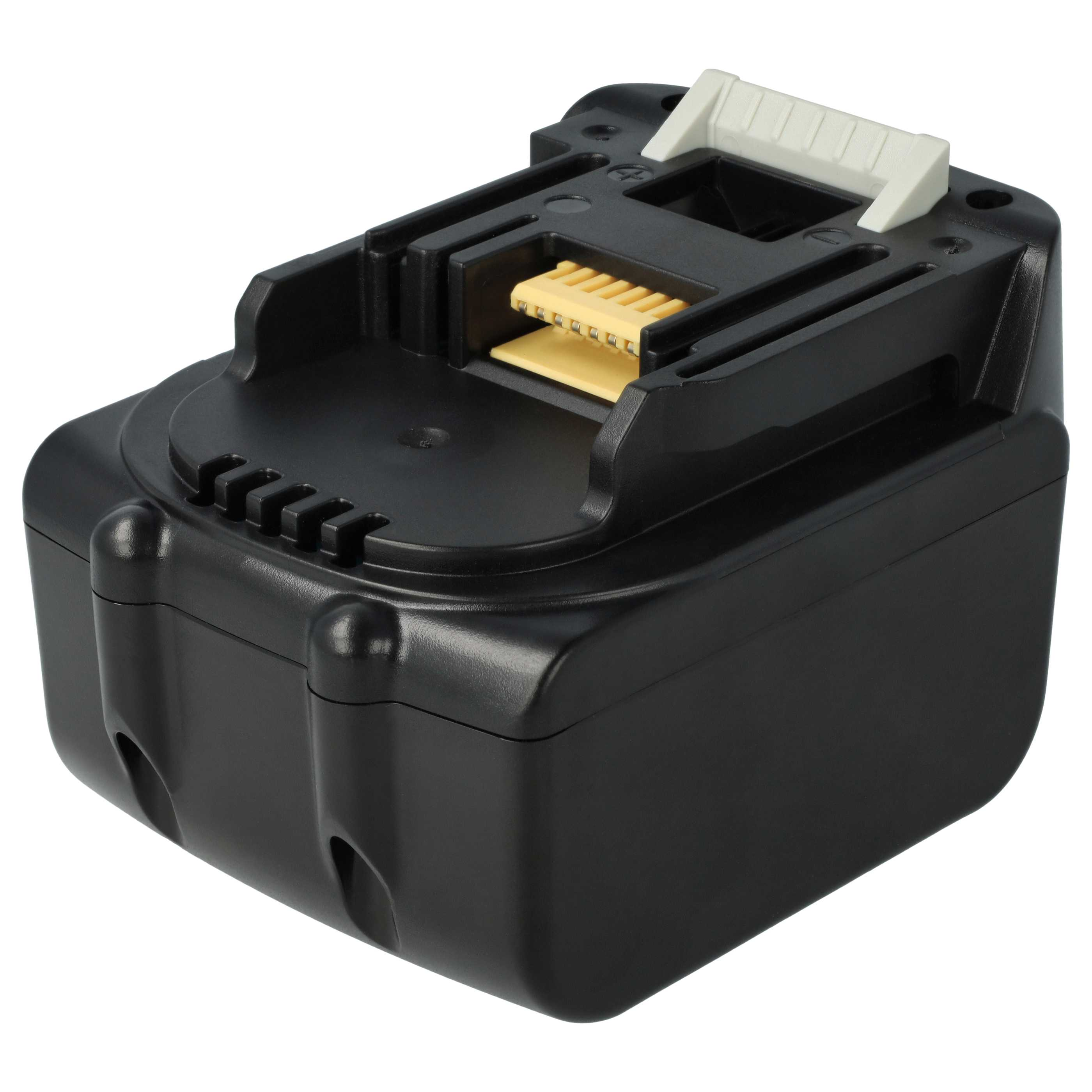 Ein schwarzer Elektrowerkzeug-Akku mit gelbem und weißem Stecker auf weißem Hintergrund.