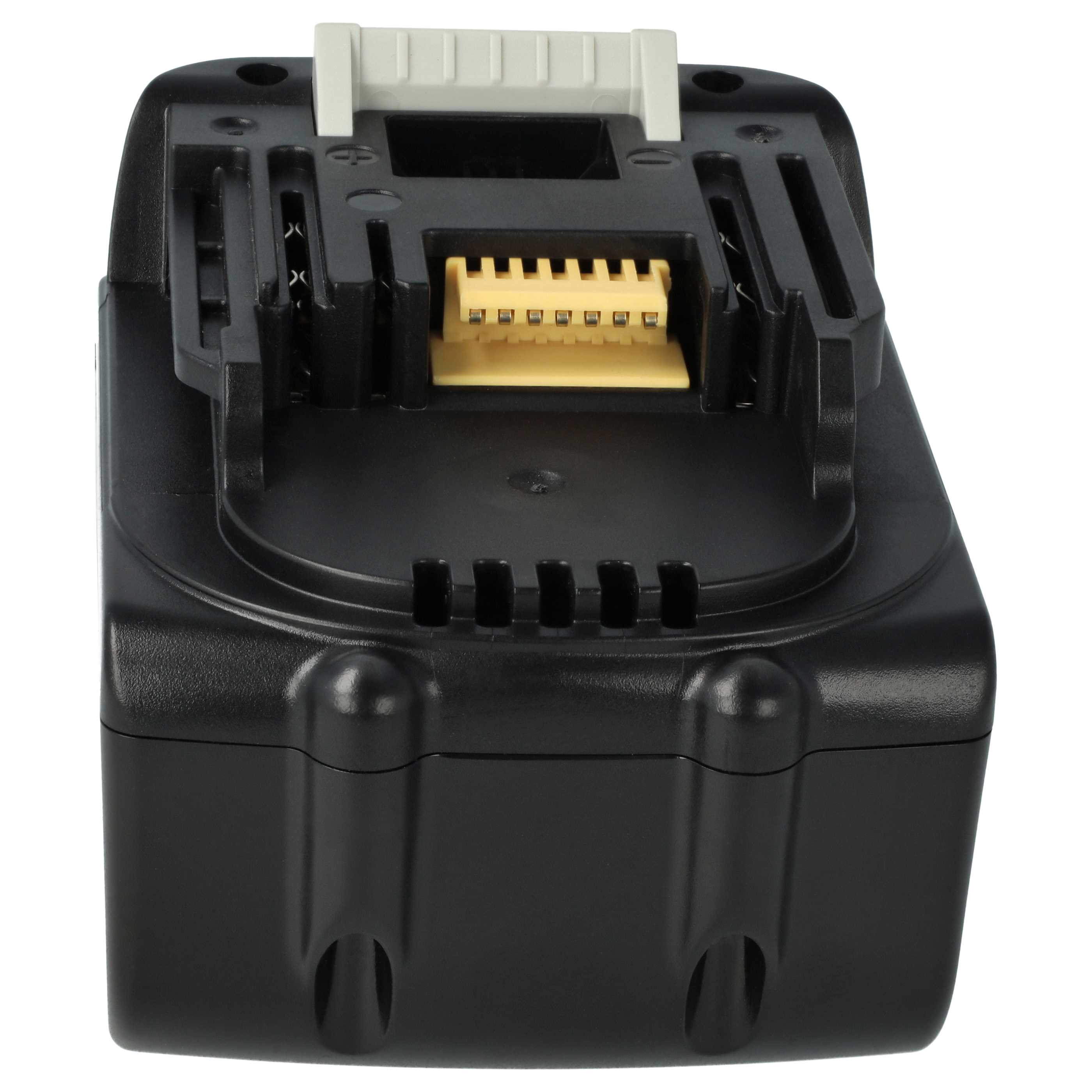 Ein schwarzer Akku für Elektrowerkzeuge mit gelbem Stecker und weißem Riegel.