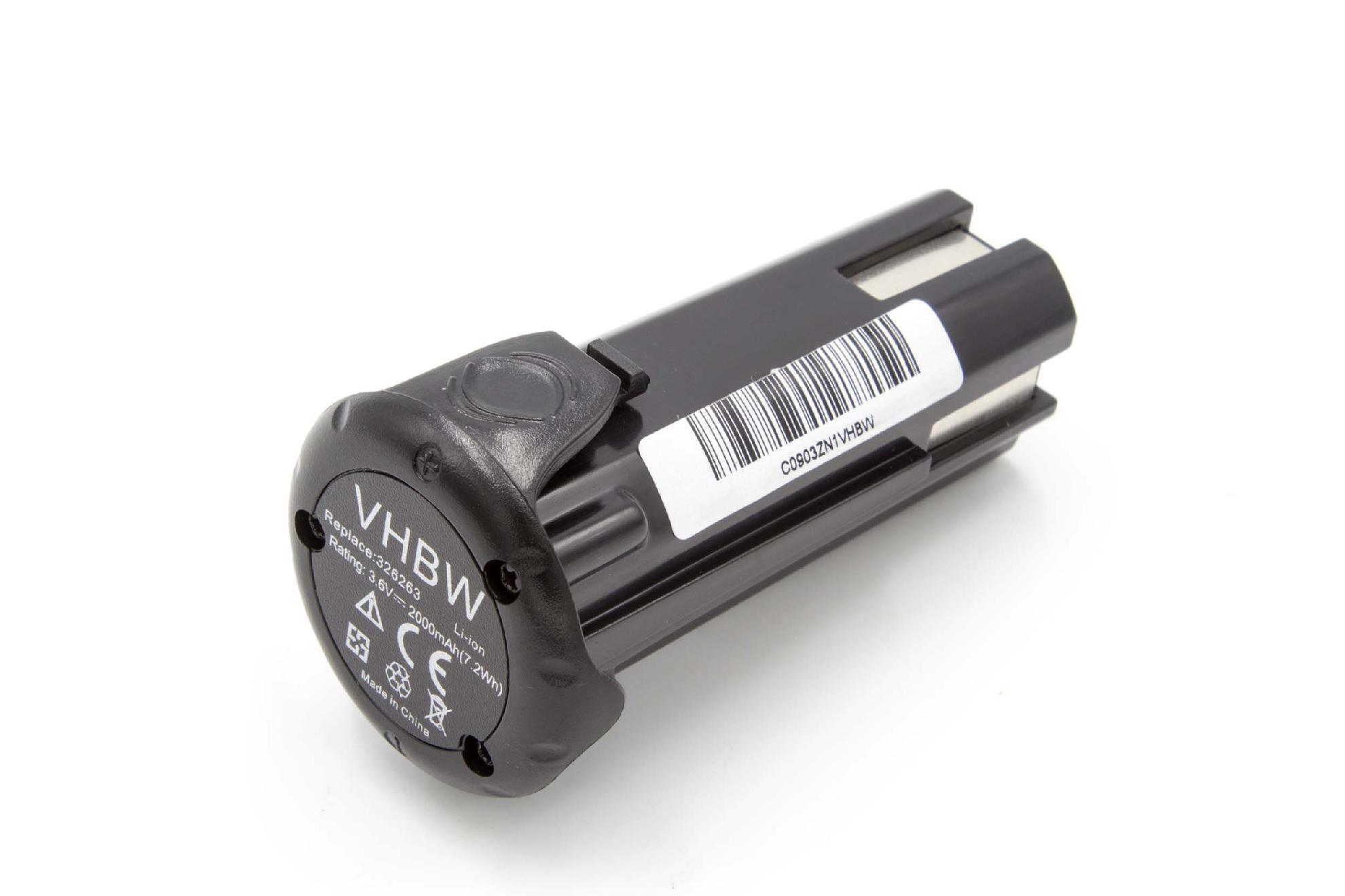 Ein schwarzer VHBW-Akku mit einem weißen Etikett mit Barcode und Modellnummer. Der Akku liegt auf weißem Hintergrund.