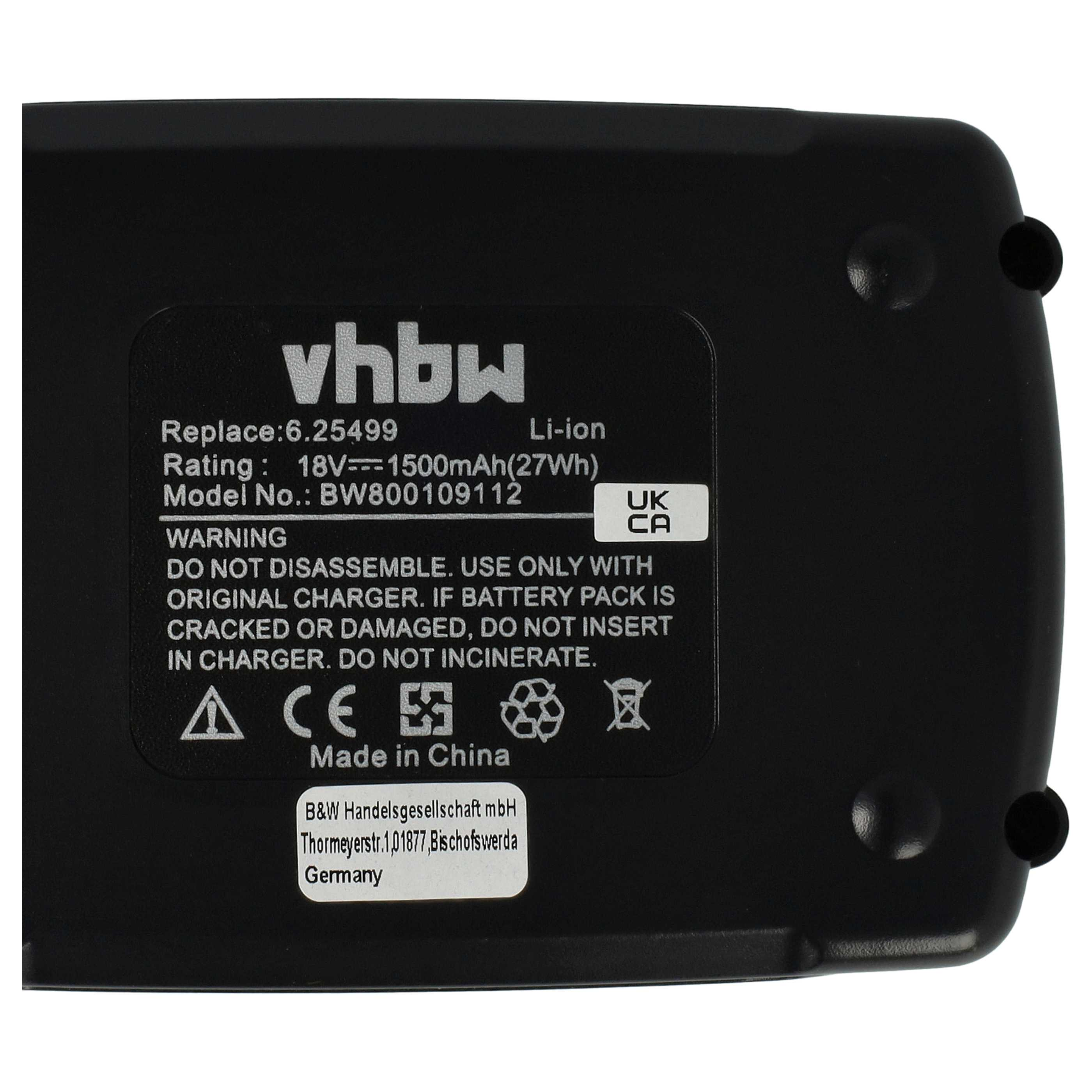 Schwarzer Akku mit weißem Text. Text enthält 'vhbw', '18V' und Warnhinweise. Hergestellt in China, mit Recycling-Symbolen.