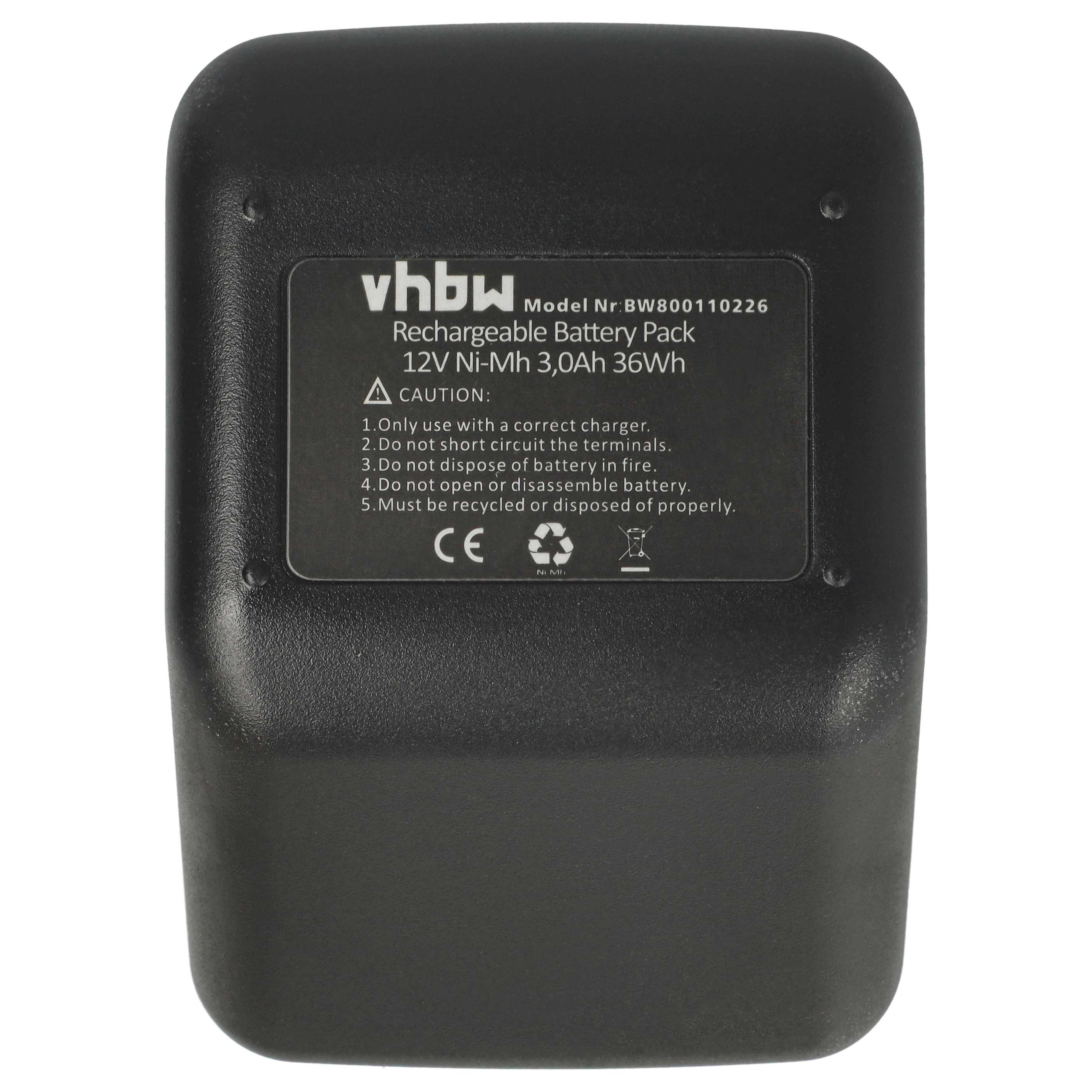 Ein schwarzes Akku-Pack mit weißem Text. Es steht vhbw, 12V Ni-Mh und Warnhinweise drauf.
