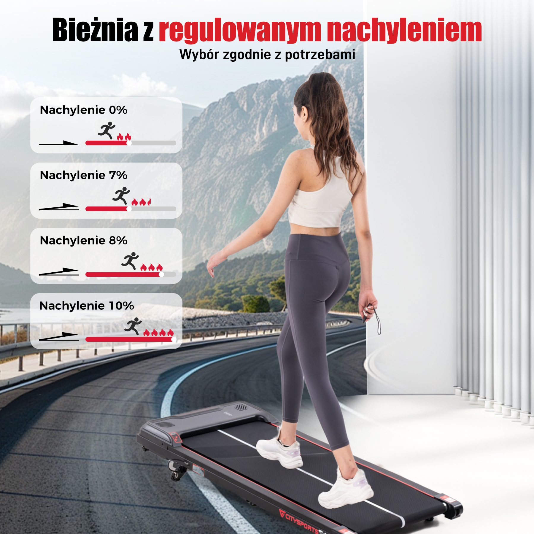 Kobieta idzie na bieżni. Wyświetla poziomy nachylenia. Tło to góry i droga.