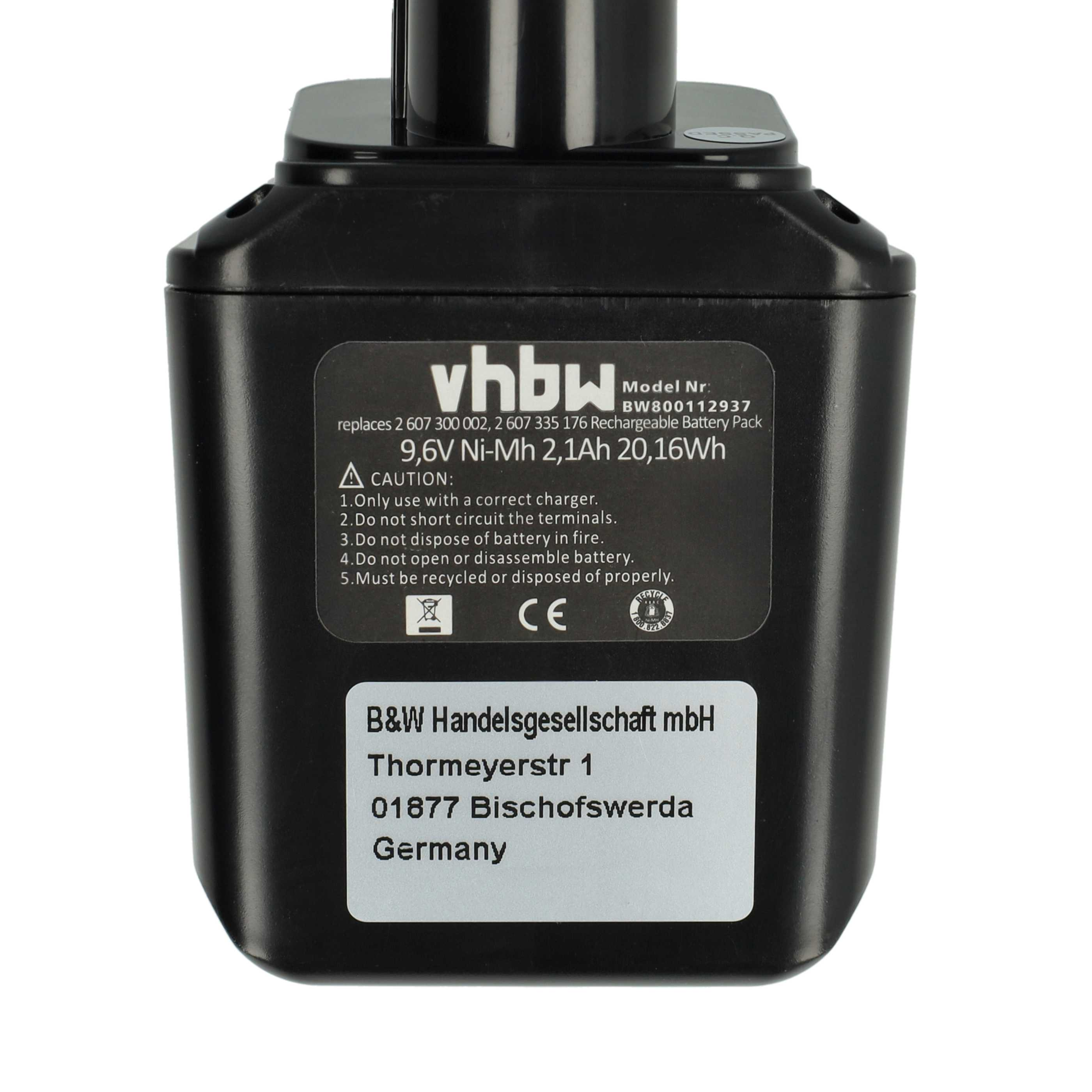 Ein schwarzer Akku mit weißem Text, Sicherheitshinweisen und technischen Daten. Die Marke ist vhbw.