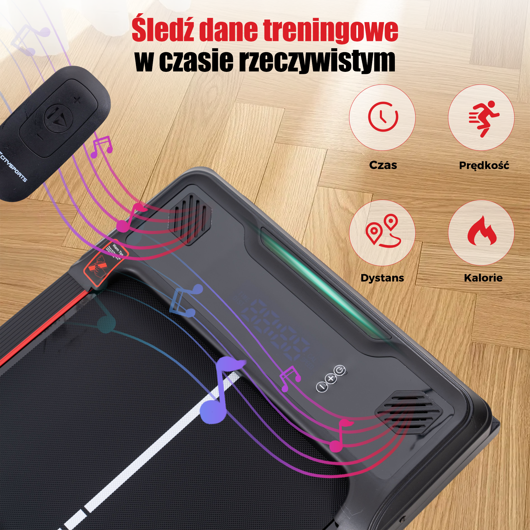 Bieżnia z pilotem, wyświetlająca dane treningowe. Ikony wskazują czas, prędkość, dystans i kalorie.