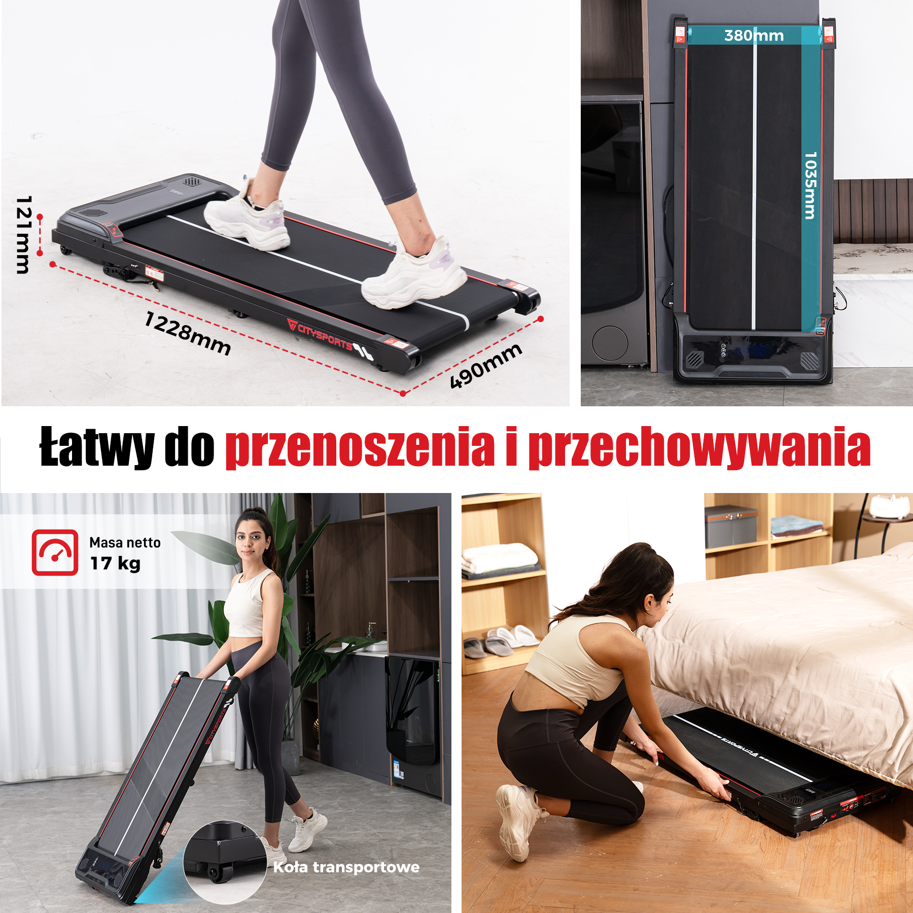 Osoba korzysta z czarnej bieżni. Wymiary są pokazane. Bieżnia jest przenoszona i przechowywana. Waga to 17 kg.