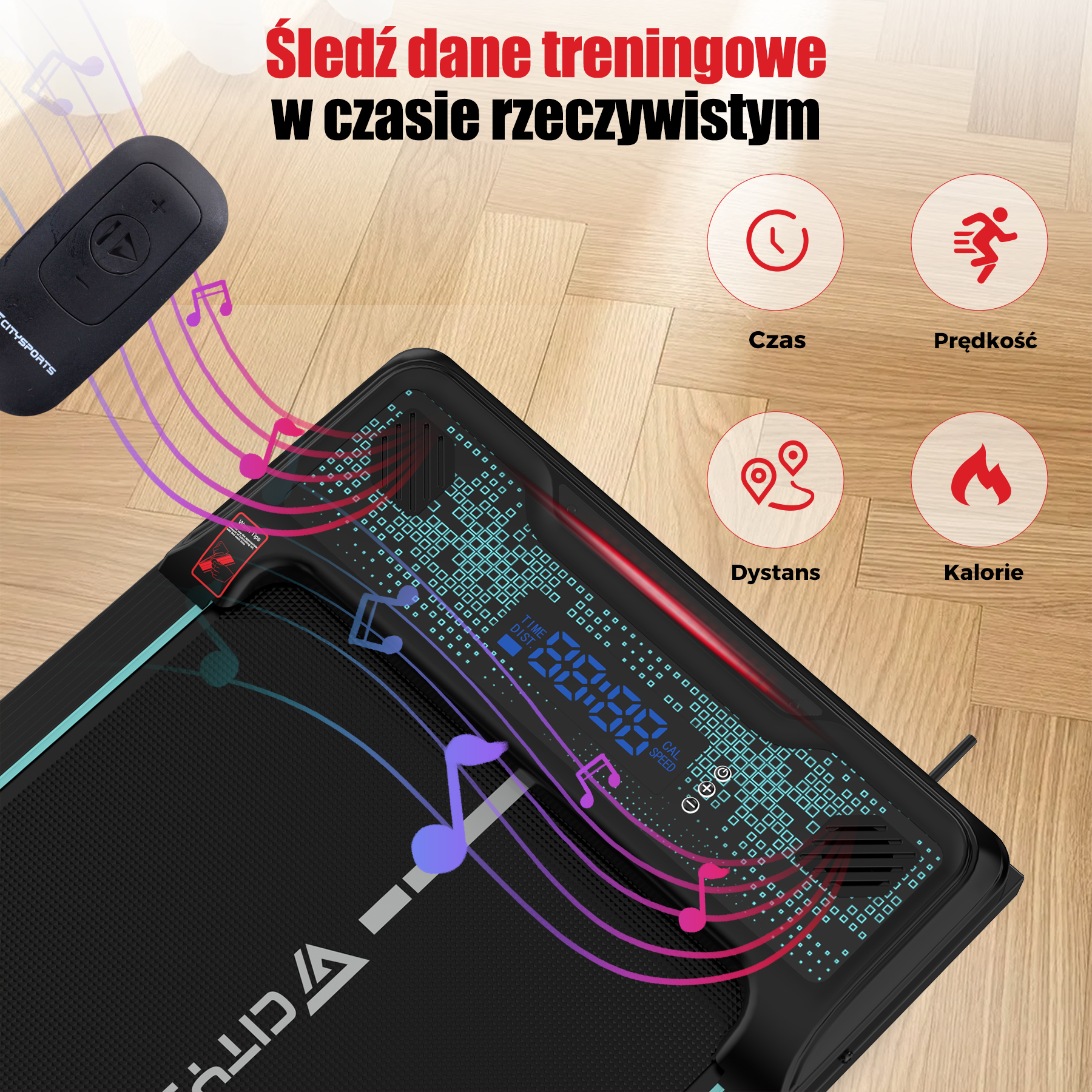 Czarna bieżnia z pilotem, wyświetlająca czas, prędkość, dystans i kalorie. Obecne nuty. Czerwony tekst u góry.