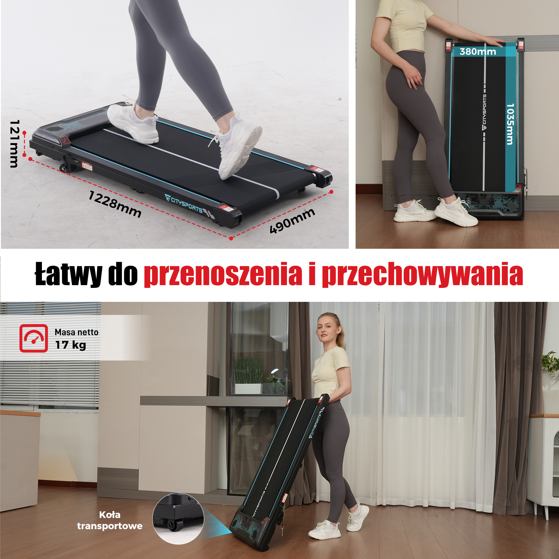 Kobieta ćwiczy na czarnej bieżni. Wyświetlane są wymiary. Tekst mówi, że łatwo się przenosi i przechowuje. Waga wynosi 17 kg.