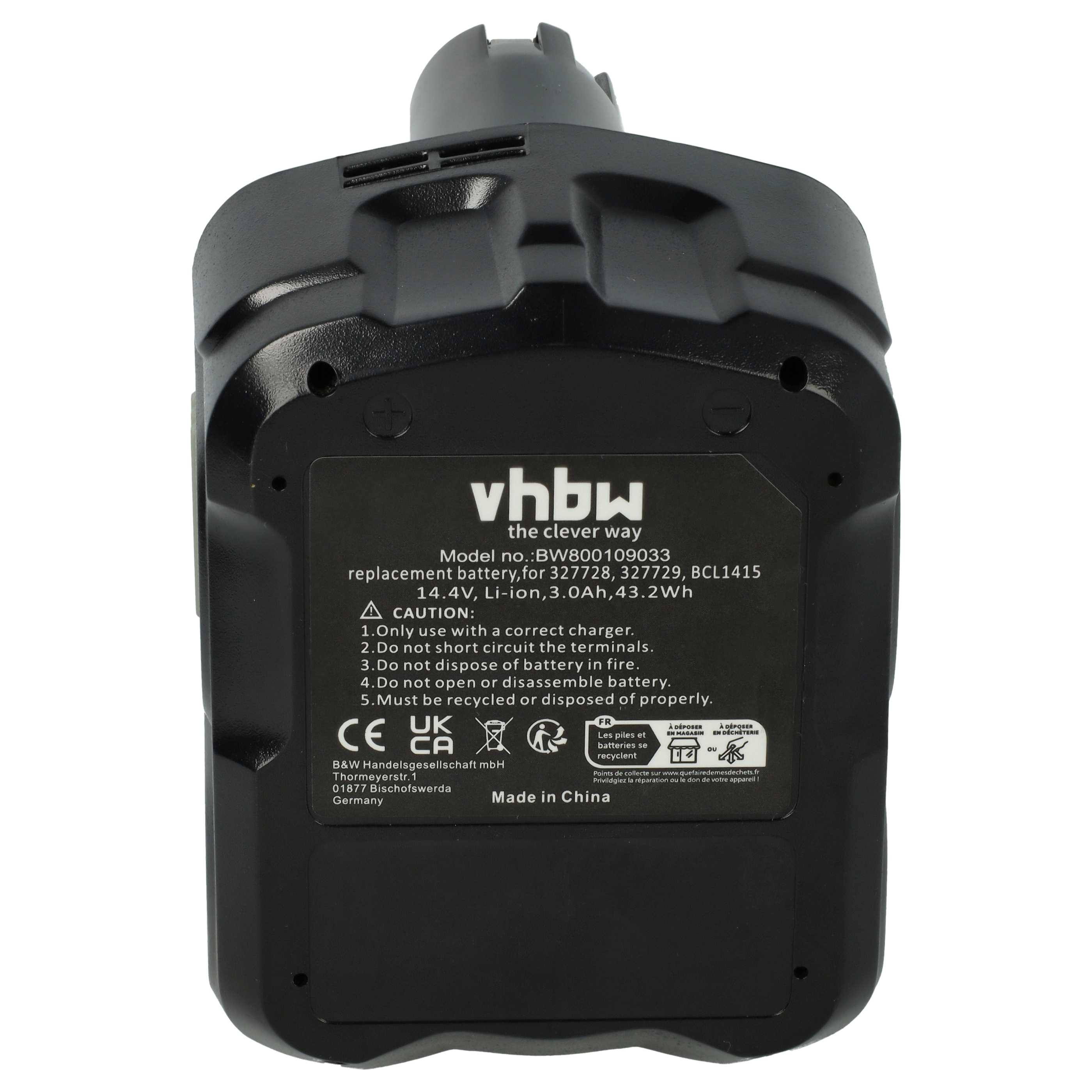 Schwarzer Akku mit weißem Text, Warnhinweisen und Recyclingsymbolen. Markenname 'vhbw' sichtbar.