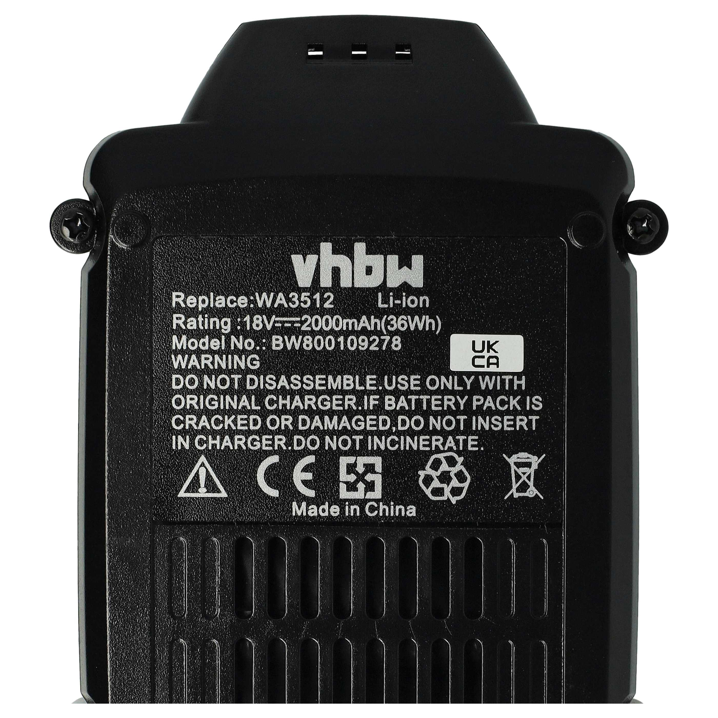 Schwarzer Akku mit weißem Text, einschließlich 'vhbw', Warnhinweisen und technischen Details. Enthält UK- und CA-Symbole. Hergestellt in China.