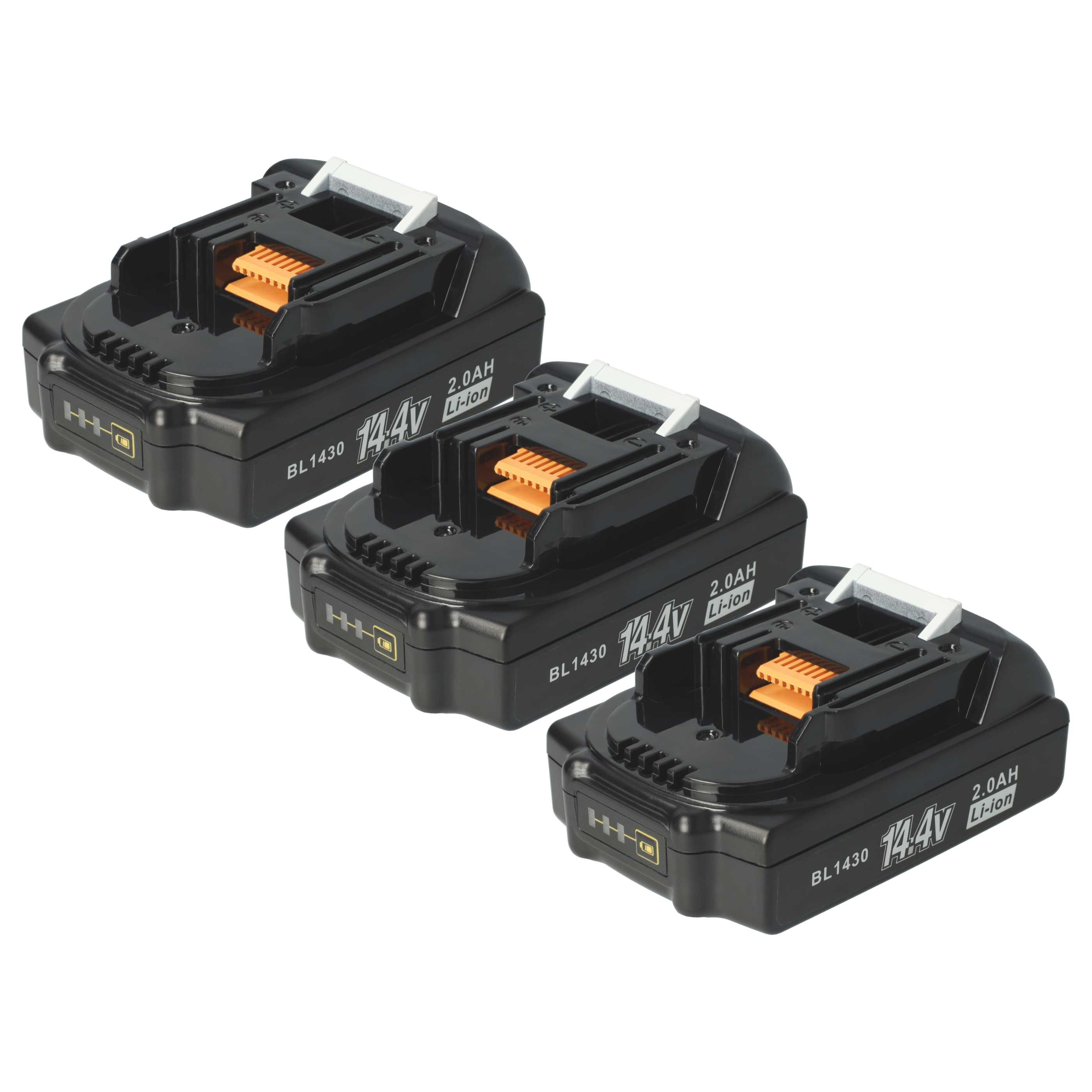 Drei schwarze 14,4-V-Li-Ionen-Akkus mit orangefarbenem Stecker und weißem Entriegelungshebel.