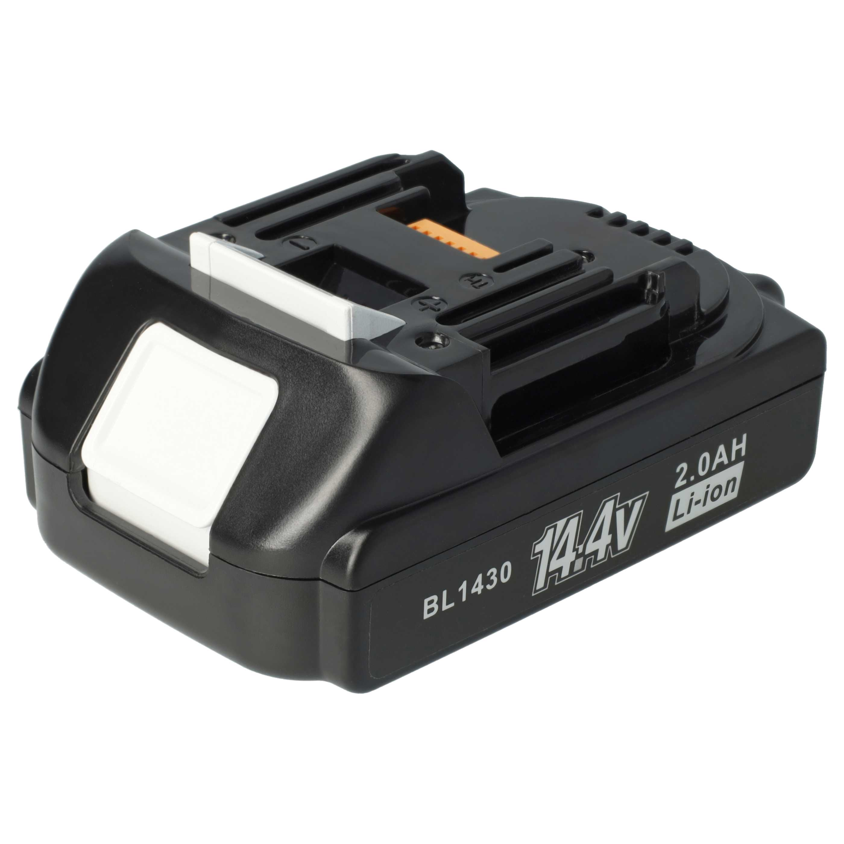 Schwarzer und weißer 14,4-V-Li-Ionen-Akku mit orangefarbener Komponente. Die Batterie hat ein weißes Etikett und den Text BL1430.