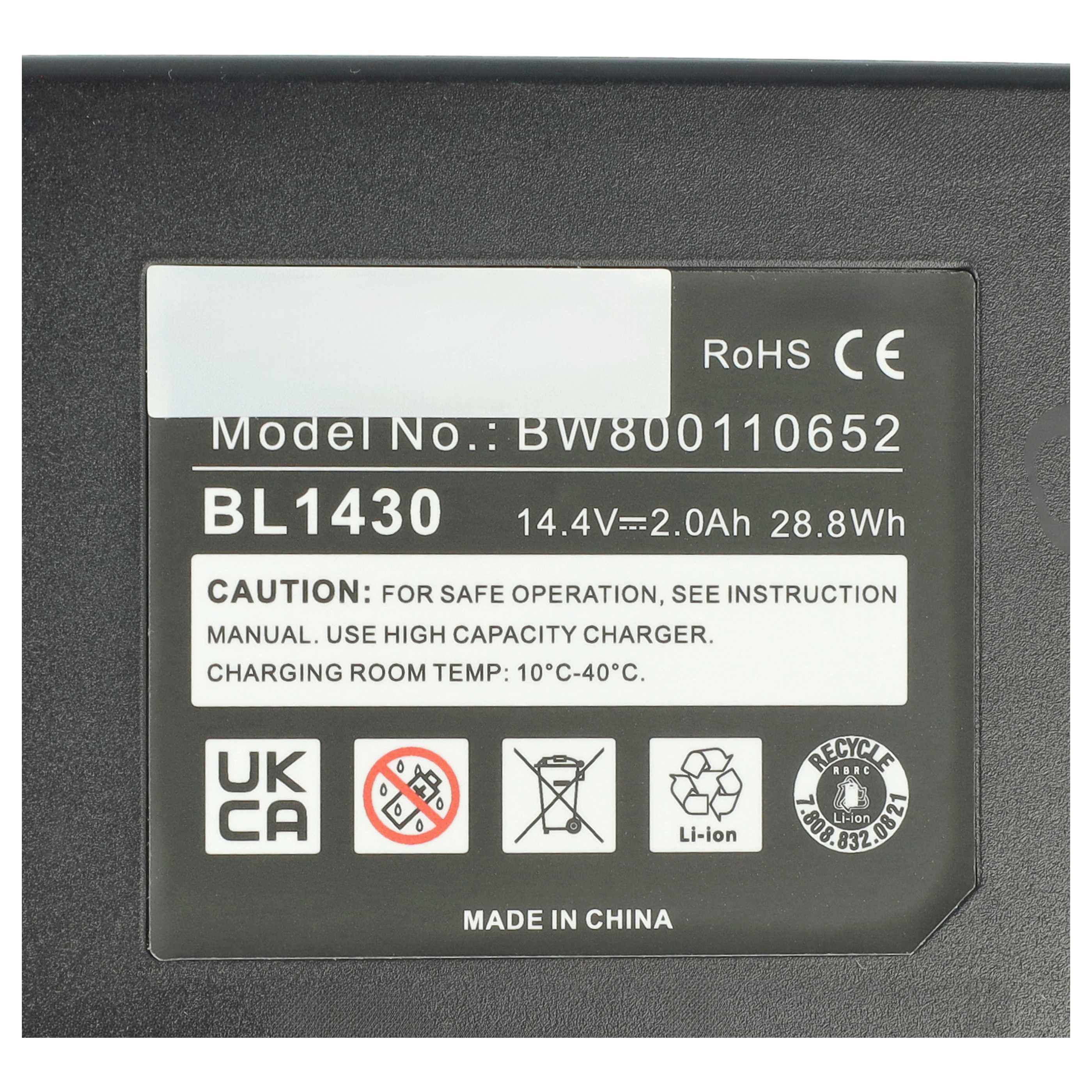 Schwarzer Akku mit weißem Etikett; Modell-Nr.: BW800110652, BL1430, 14,4 V-2,0 Ah 28,8 Wh, Hergestellt in China.