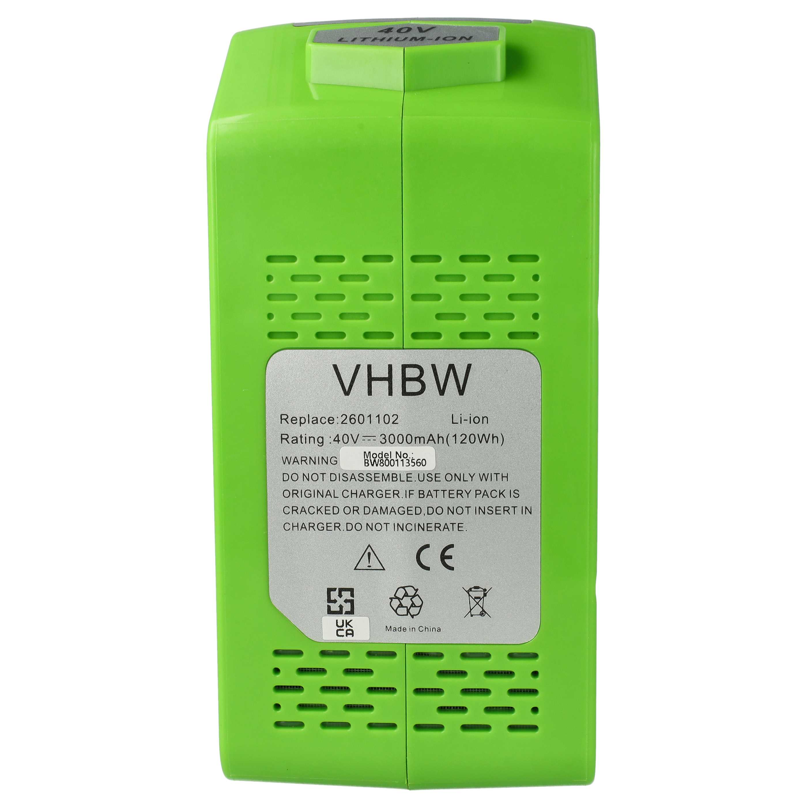 Ein grüner VHBW Lithium-Ionen-Akku. Er hat ein Warnetikett und technische Daten.