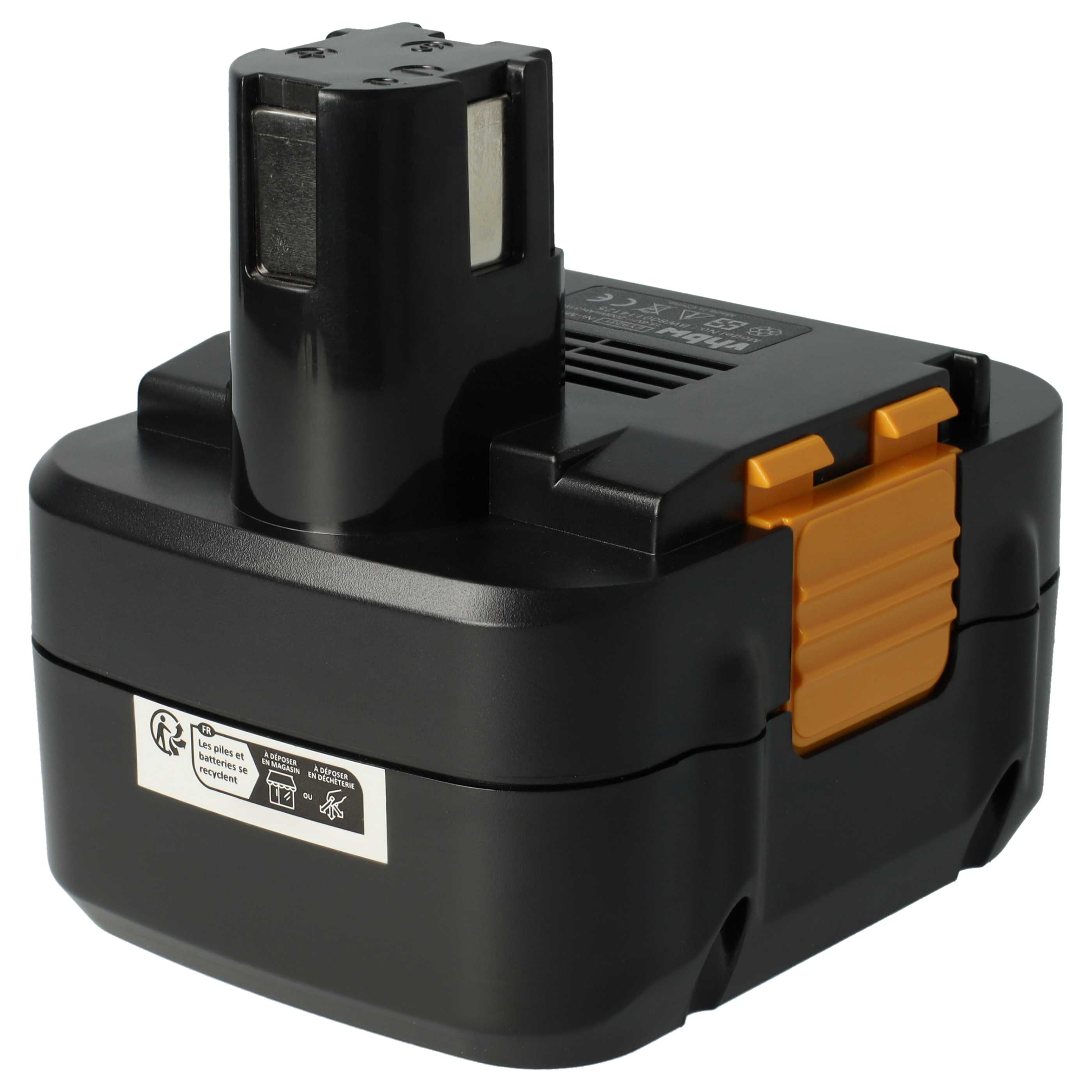 Schwarzer und goldener Elektrowerkzeugakku. Merkmale sind ein schwarzer Körper, ein goldener Entriegelungsknopf und ein Recycling-Symbol.
