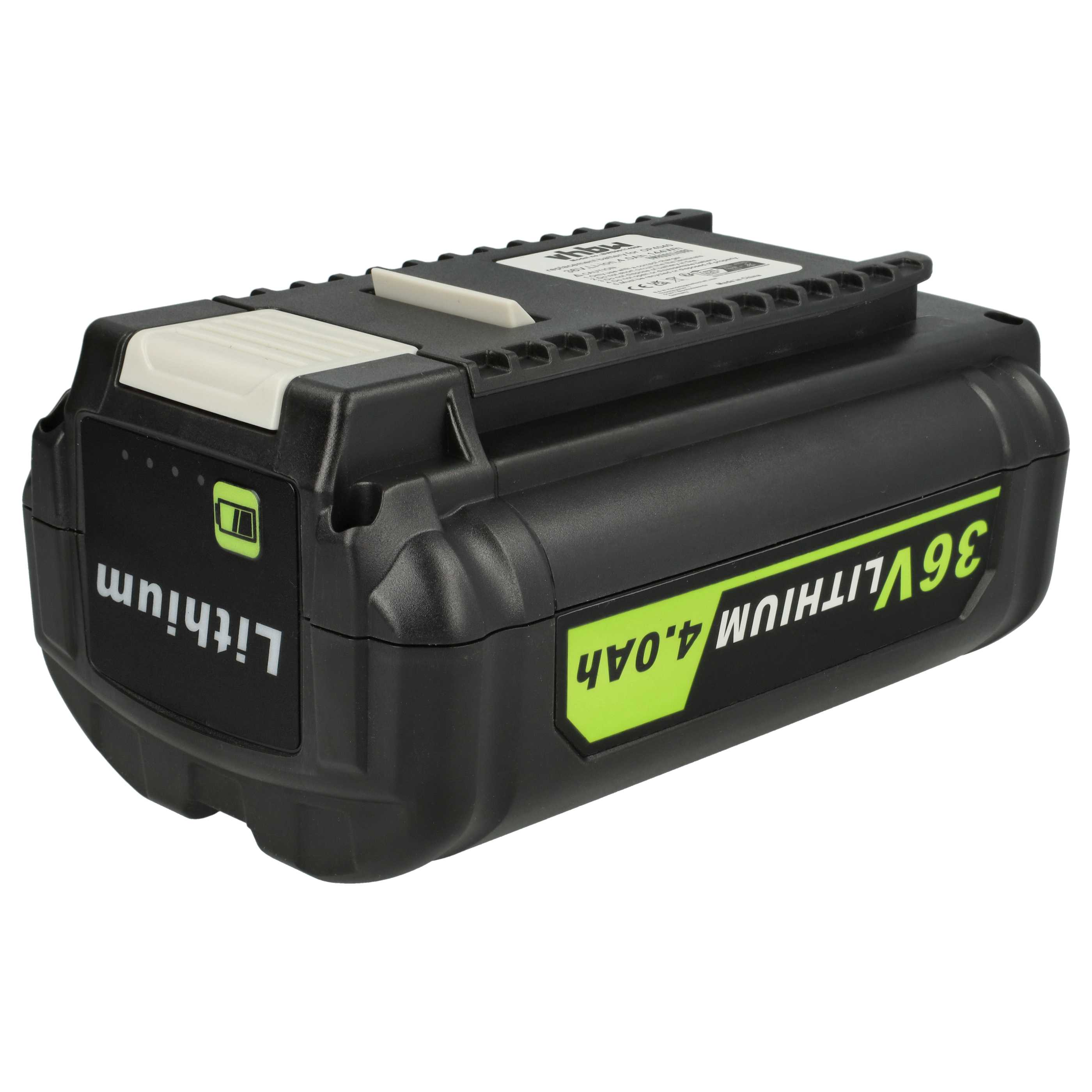 Ein schwarzer und grüner 36V Lithium-Ionen-Akku. Details umfassen Marke, Spannung und Kapazität.