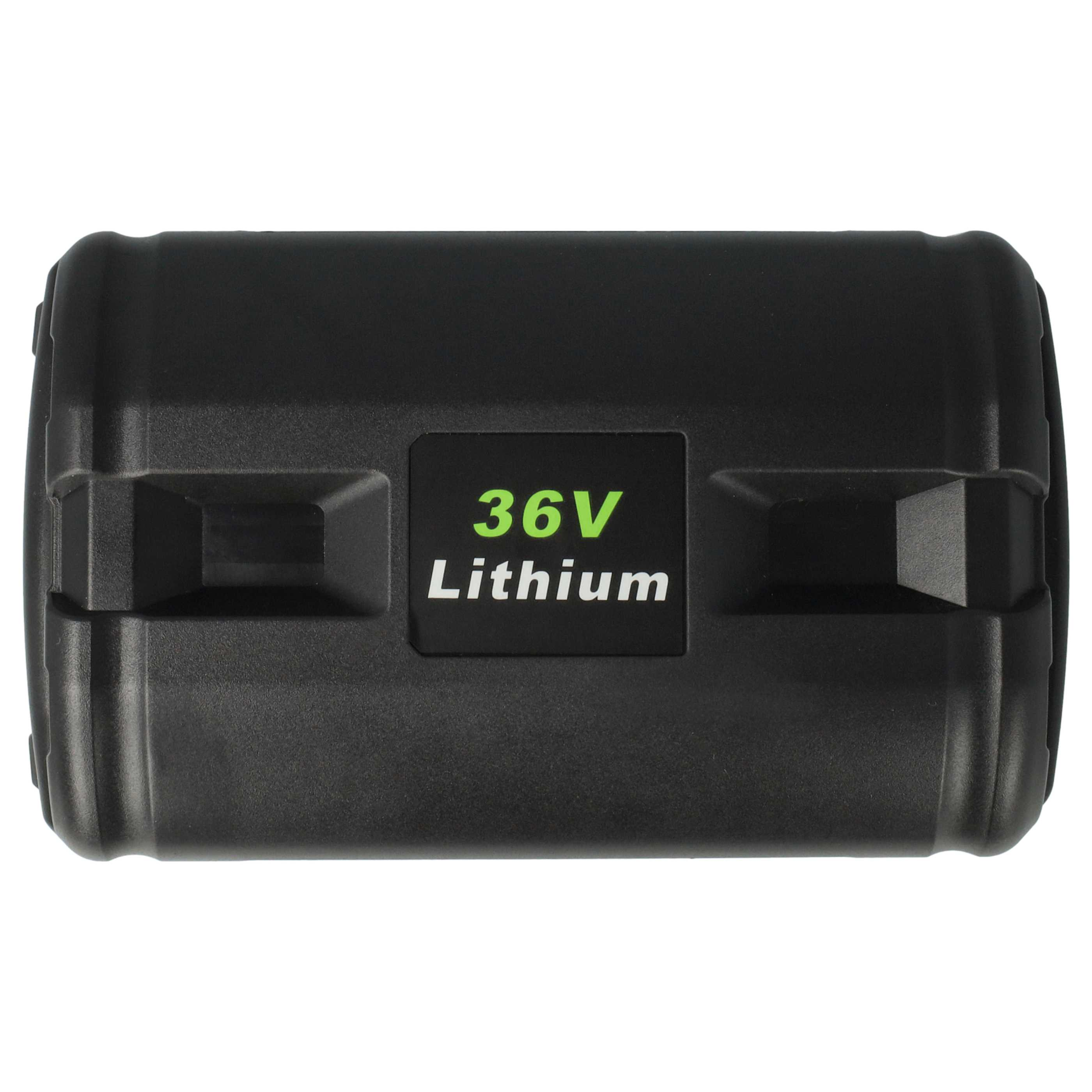 Schwarzer 36V Lithium-Akkupack. Grüner Text auf der Batterie zeigt 36V Lithium. Die Batterie ist rechteckig.
