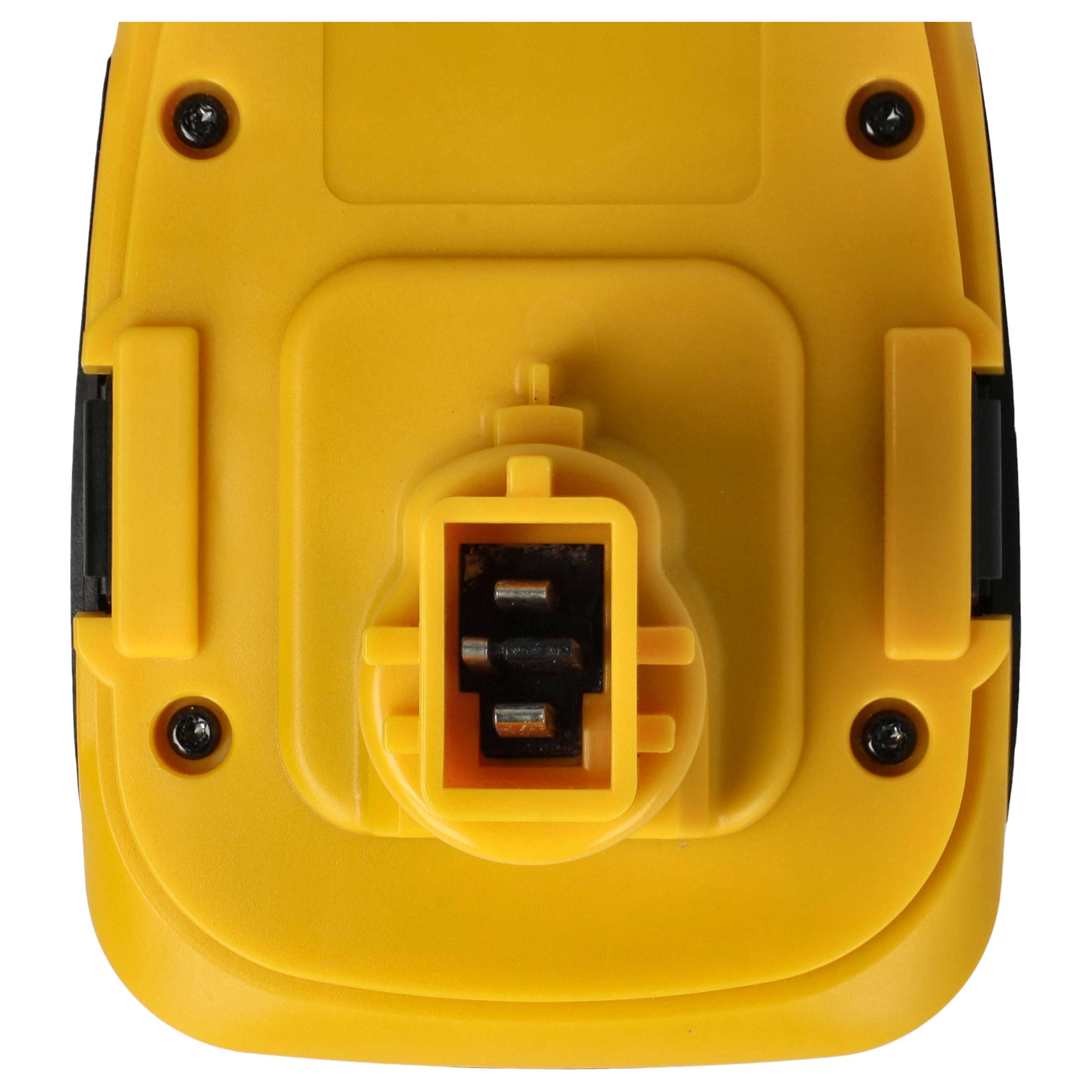 Gelber Batteriesockel mit schwarzen Akzenten, Stecker in der Mitte. Schwarze Schrauben sind sichtbar.