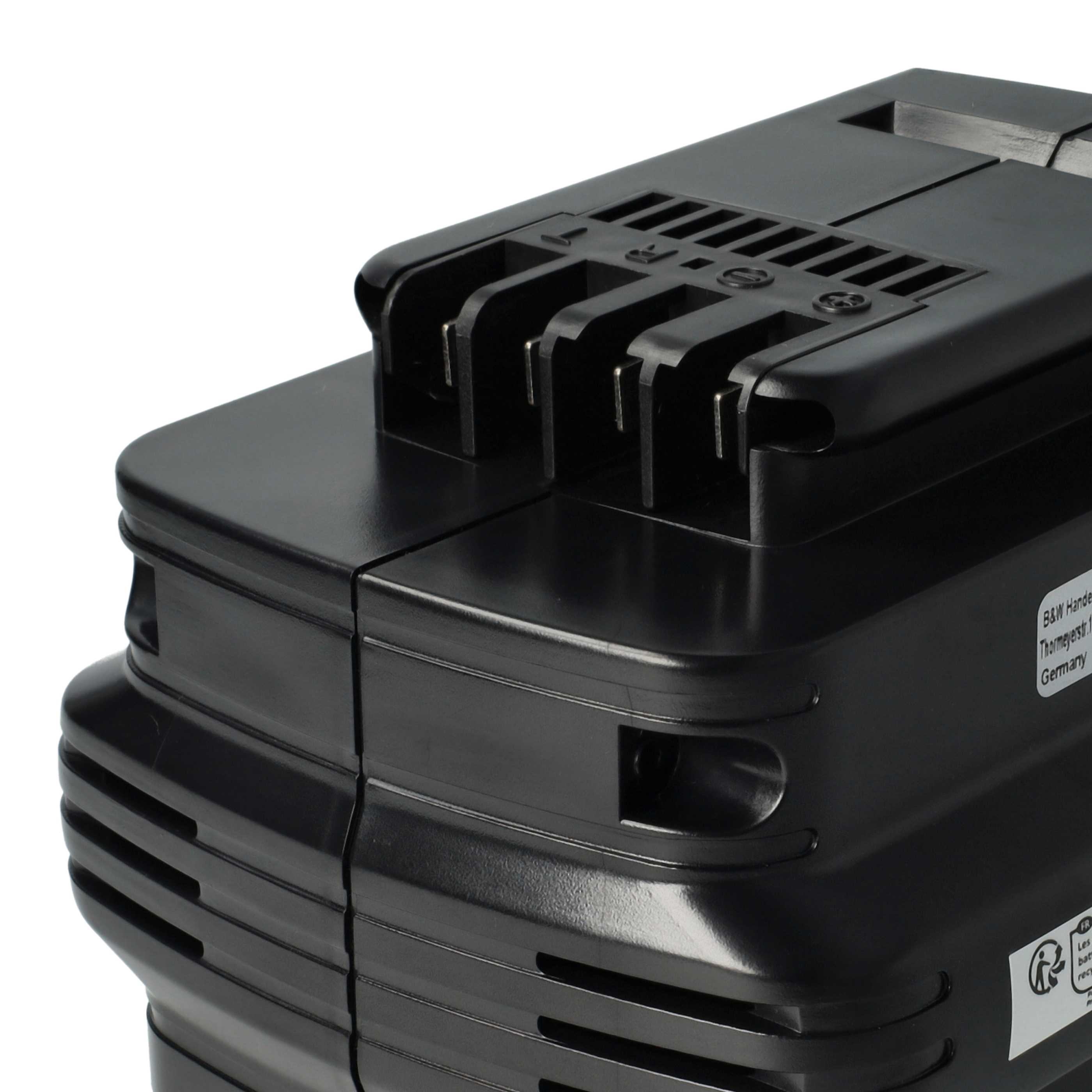 Gezeigt wird ein schwarzer Akku-Pack für Elektrowerkzeuge. Er hat eine geriffelte Ober- und Seite mit Anschlusspunkten. Der Akku ist überwiegend schwarz.