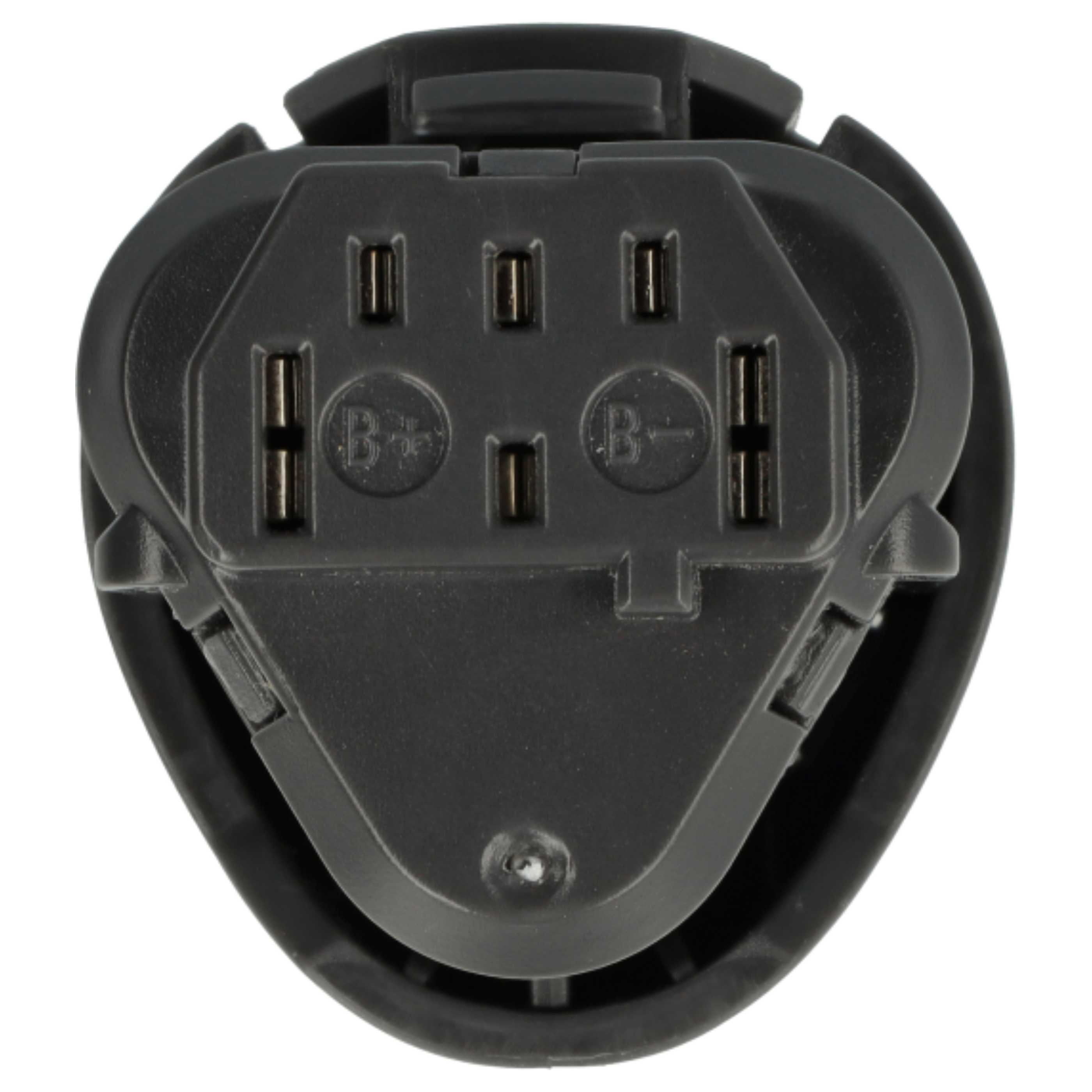 Ein schwarzer elektrischer Stecker mit mehreren Stiften und Schlitzen wird vor einem weißen Hintergrund gezeigt, der Stecker ist aus Kunststoff.