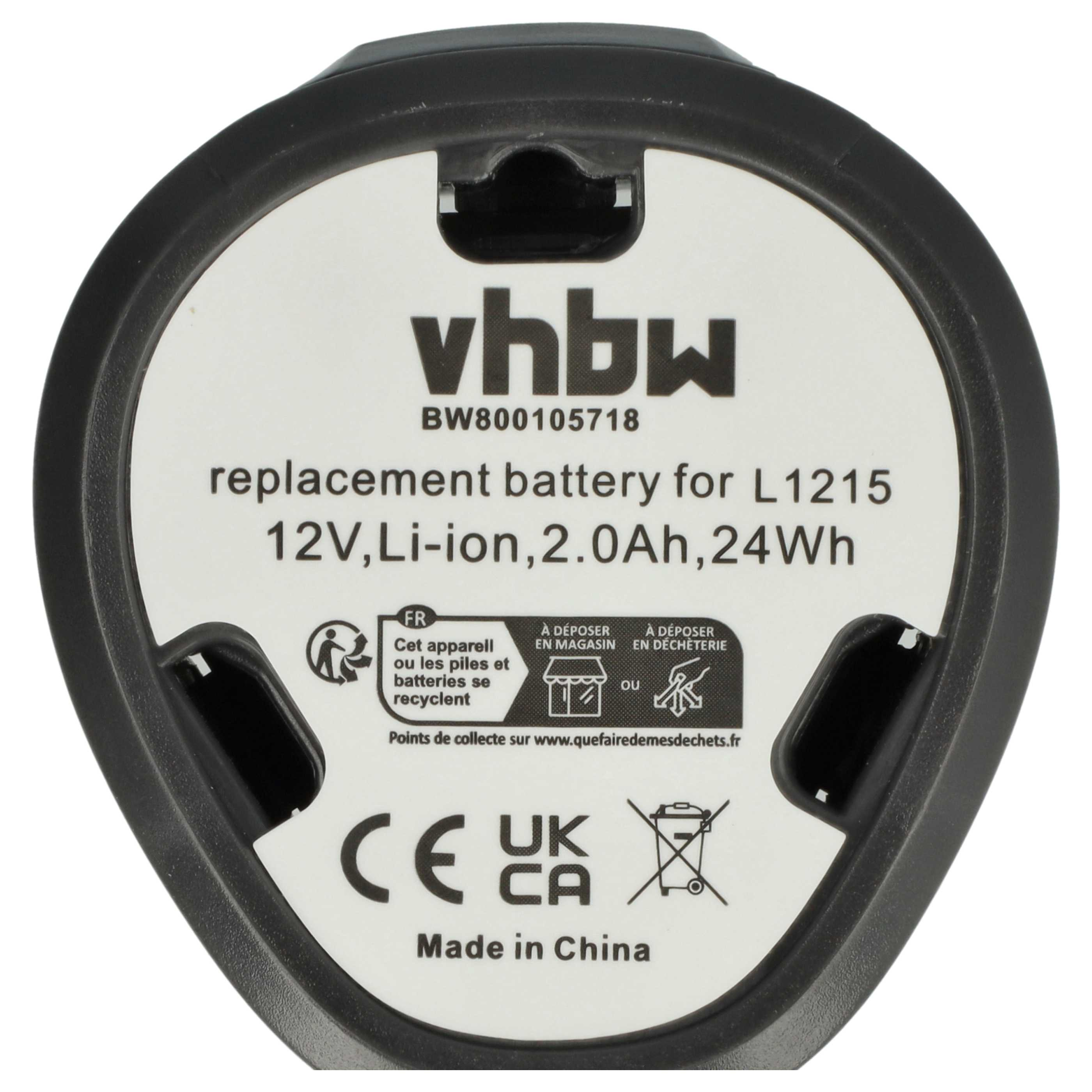 Ein schwarz-weißer Akku mit Text. Es steht 'vhbw', '12V, Li-ion', 'Made in China'.