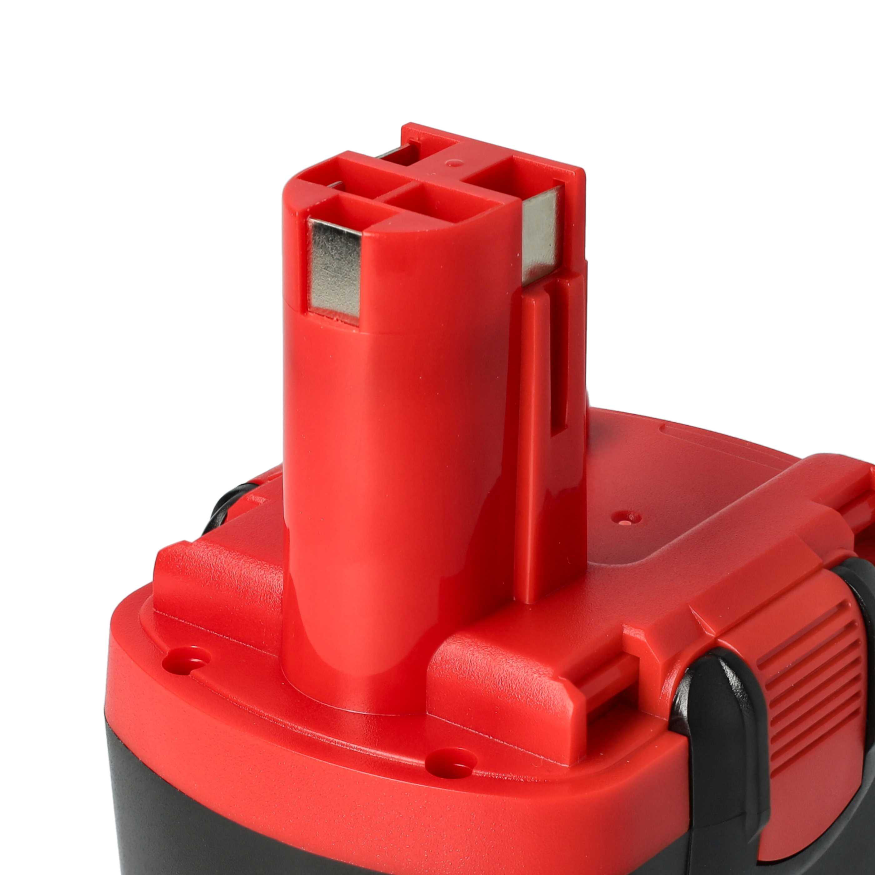 Ein roter und schwarzer Elektrowerkzeug-Akku. Die Oberseite ist rot mit Metallkontakten. Die Basis ist schwarz und rot.