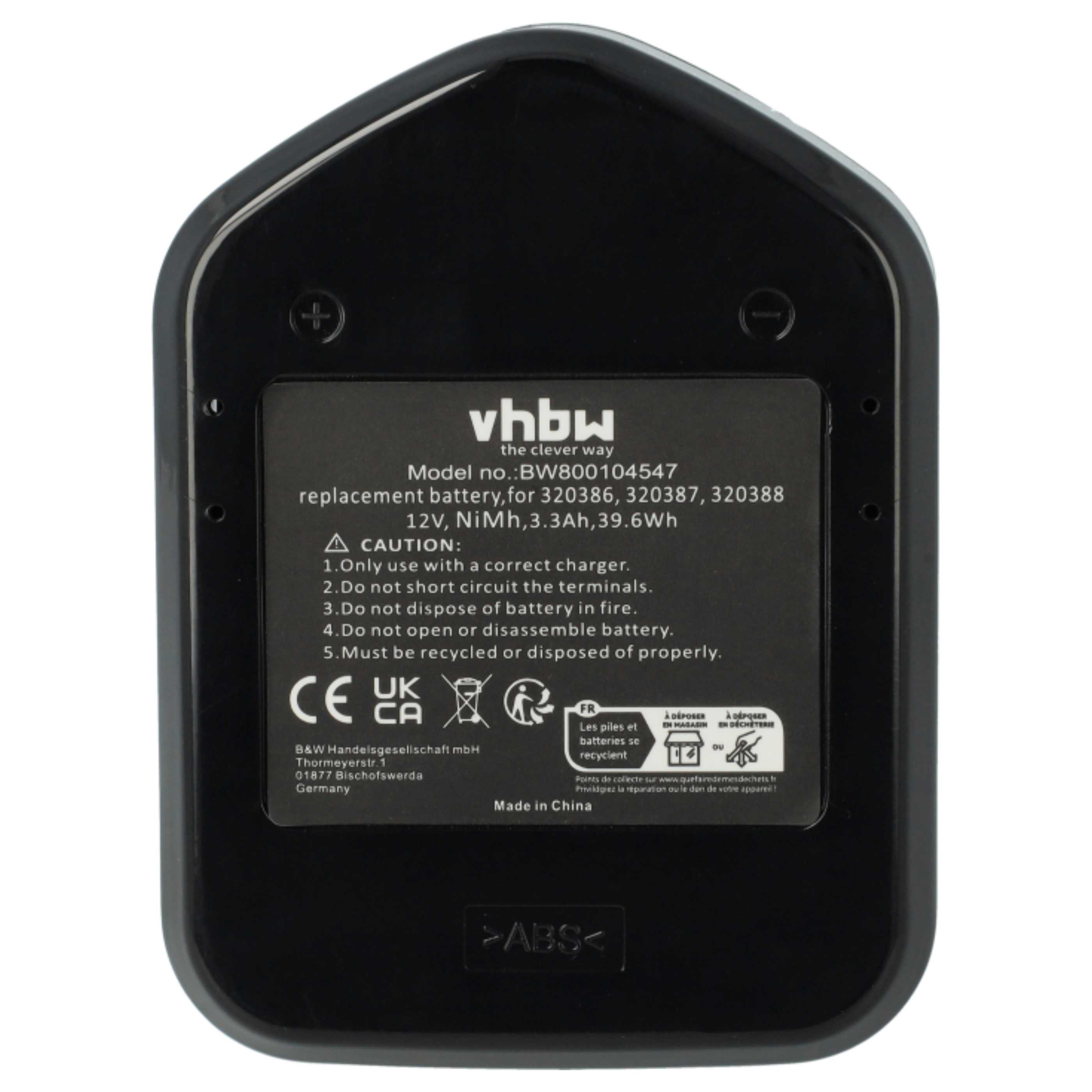 Schwarzes Batterieladegerät mit weißem Text. Enthält Warnhinweise und Recycling-Symbole. Hergestellt in China.
