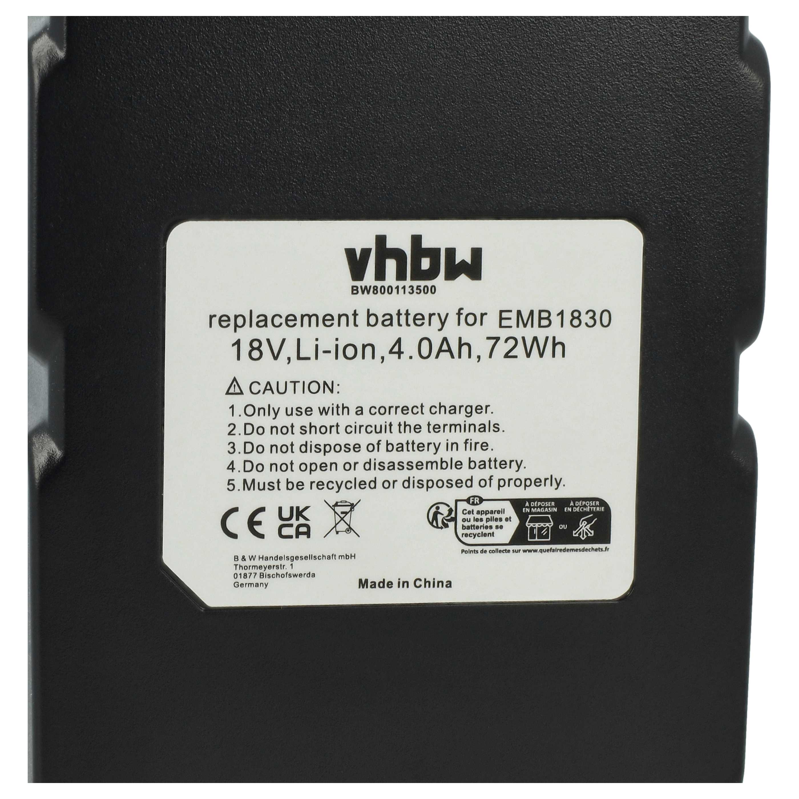 Schwarzer Akku mit weißem Etikett. Text enthält 'vhbw' und 'Ersatzbatterie'. Vorsichtshinweise sind ebenfalls vorhanden.