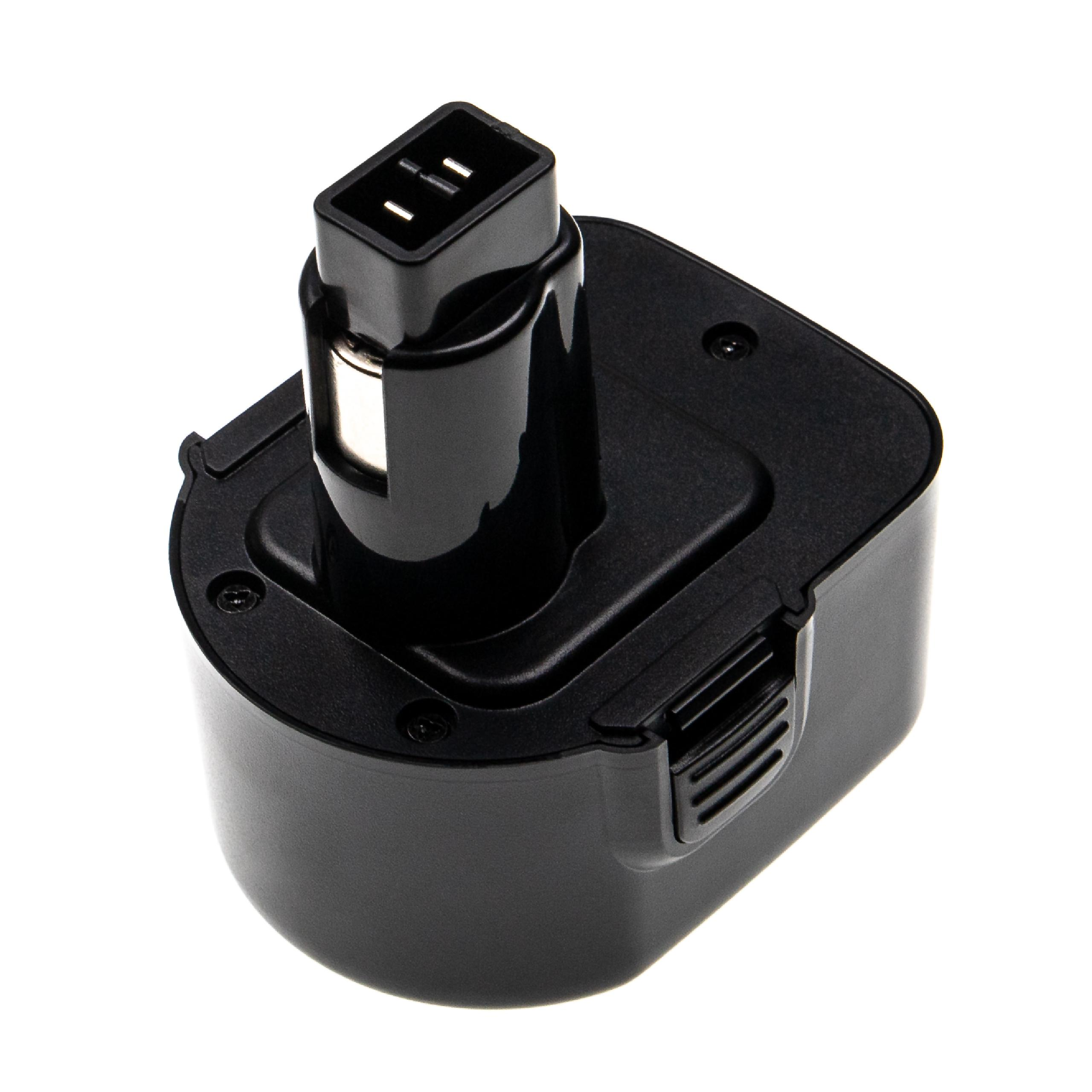 Schwarzer Akku für Elektrowerkzeuge auf weißem Hintergrund. Er hat einen Stecker oben und einen strukturierten Körper.