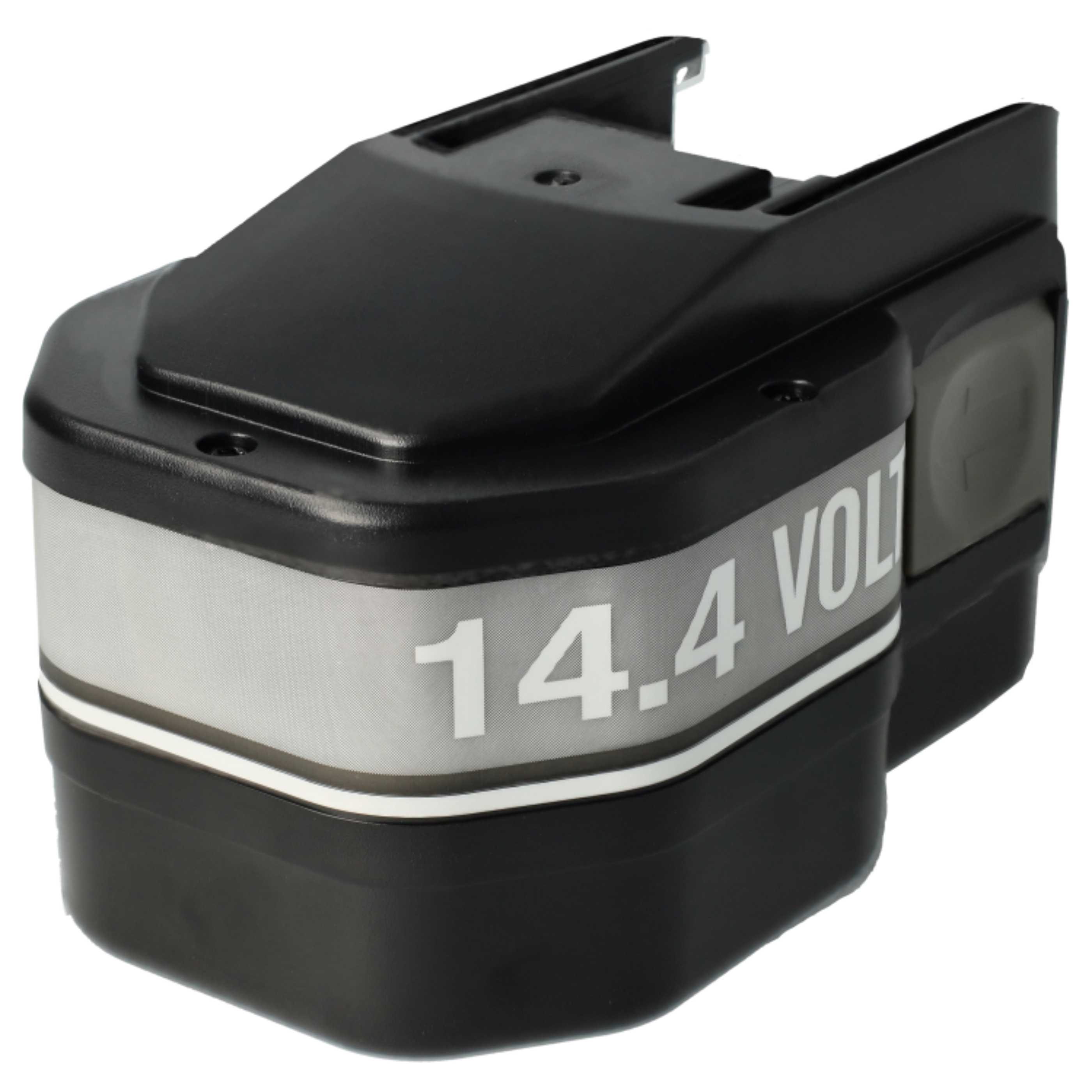 Schwarzer 14,4-Volt-Akkupack. Graues Etikett mit weißem Text. Rechteckige Form mit abgerundeten Kanten und einem Griff.