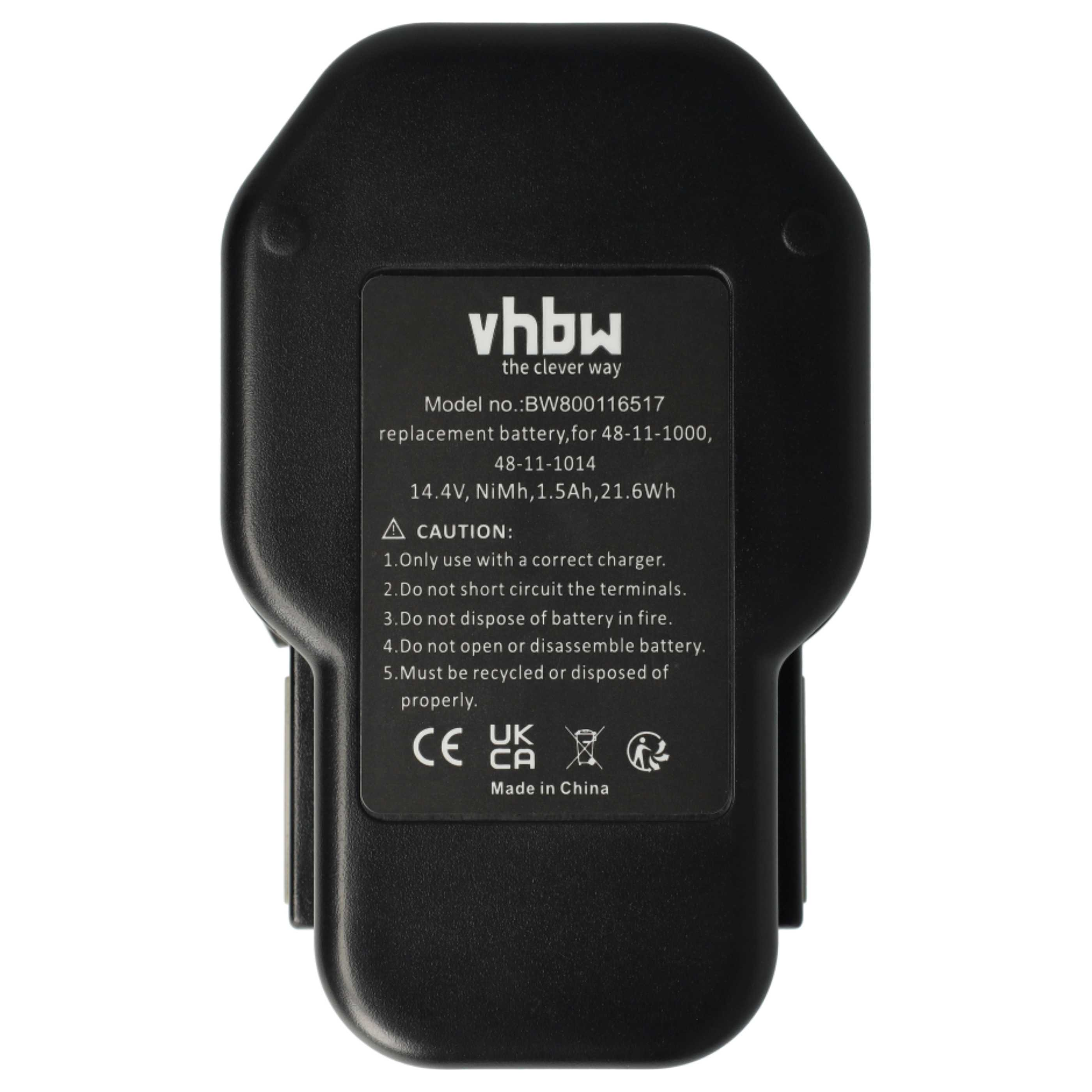 Schwarzer Akku mit Text: vhbw, Modellnummer und Vorsichtshinweisen. CE-, UKCA-Zeichen vorhanden. Hergestellt in China.