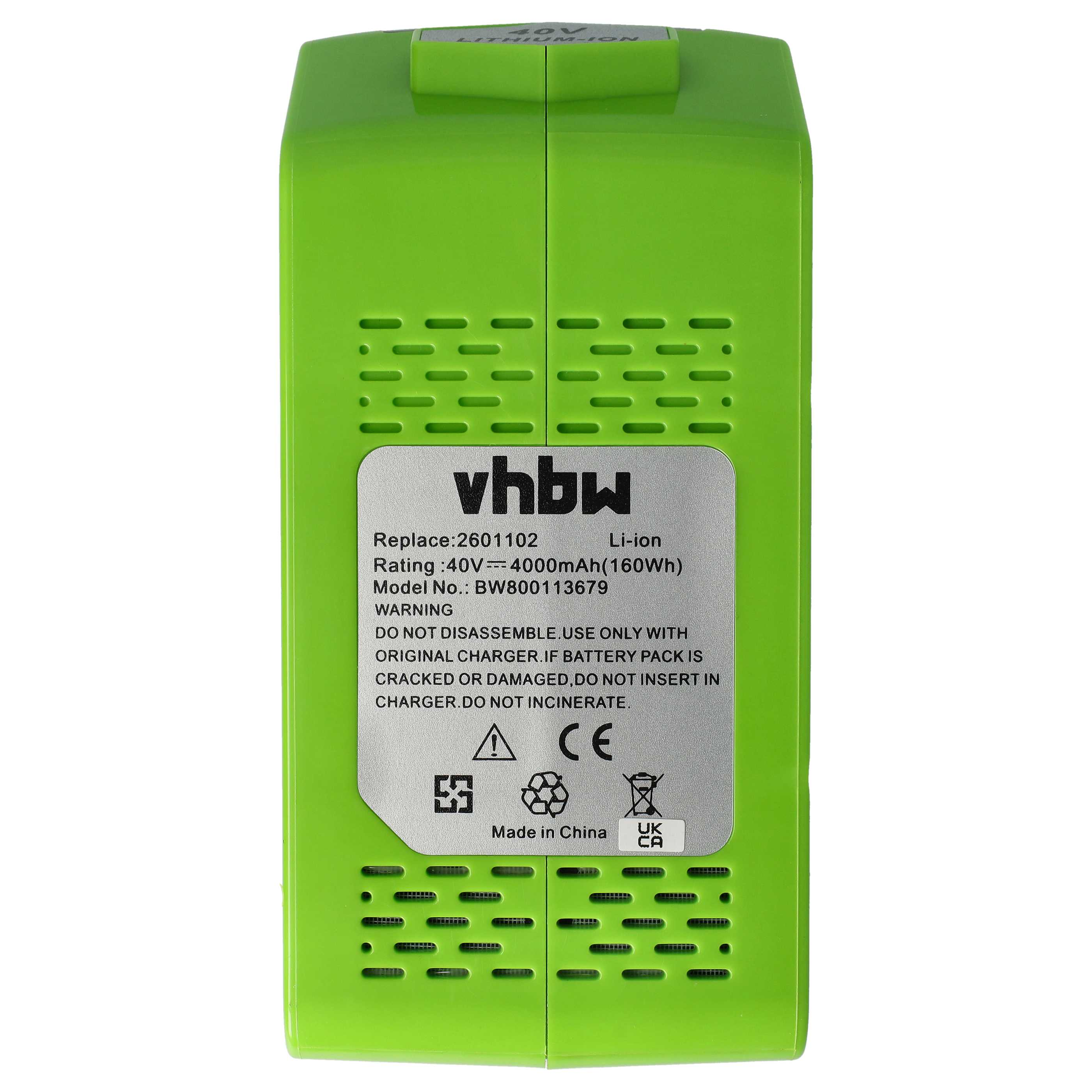 Ein grünes Batteriepack mit Text, einschließlich 'vhbw', '40V Lithium-Ionen' und Warnungen. Der Hintergrund ist weiß.