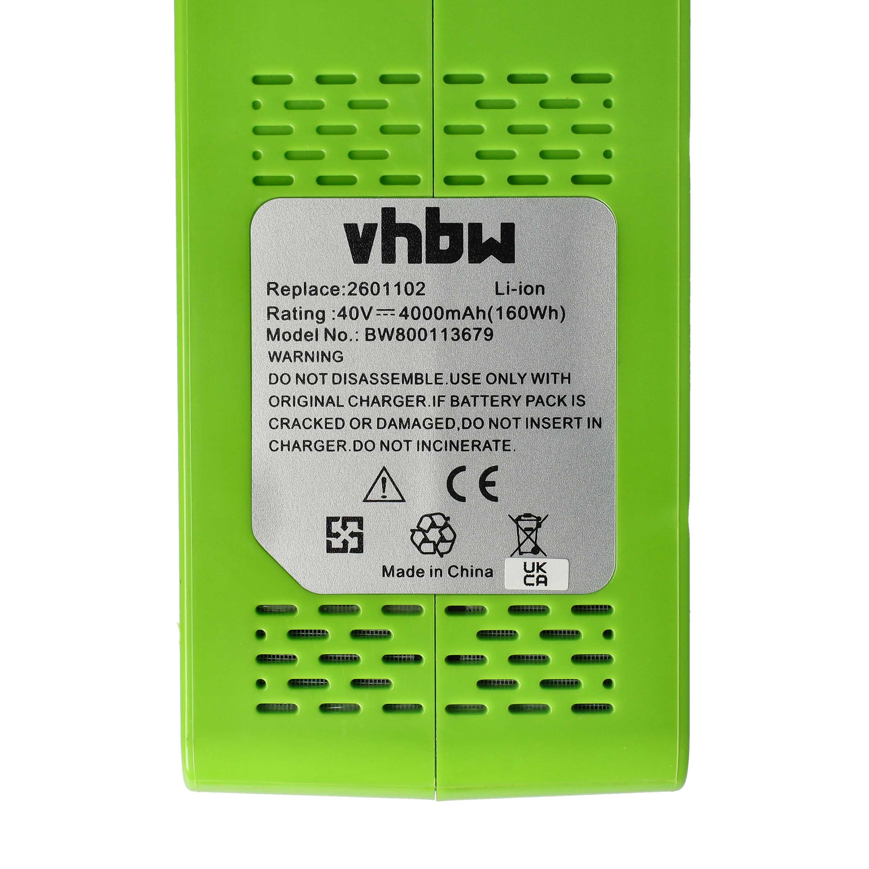 Ein grüner Akku mit silbernem Etikett. Text enthält 'vhbw', 'Li-ion', Spannung und Sicherheitshinweise.