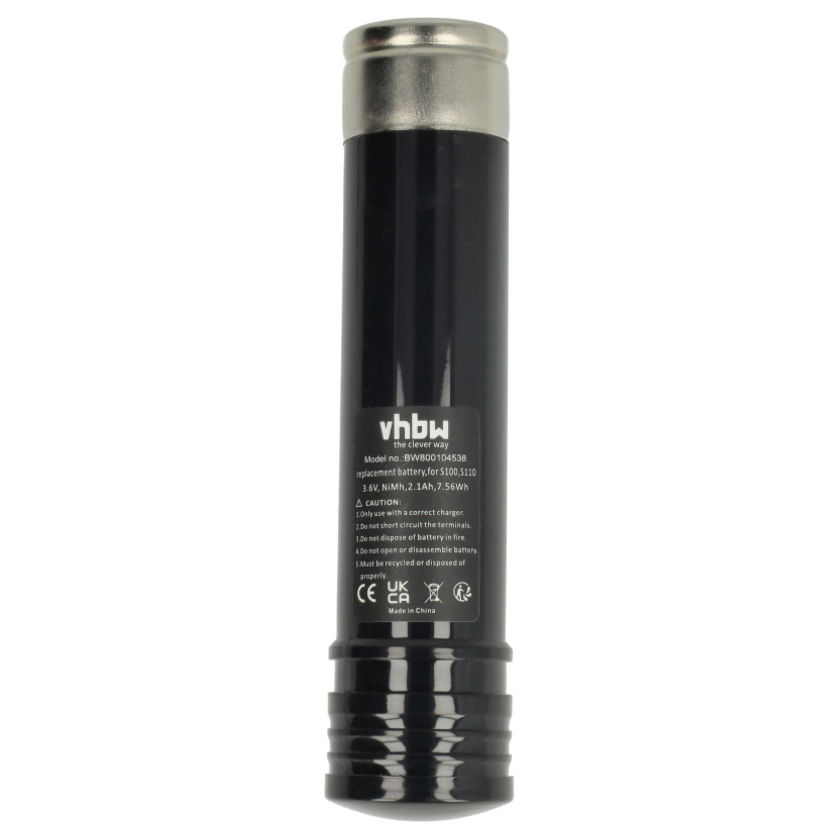 Schwarze zylindrische Batterie mit silberner Ober- und Unterseite. Hat Text und Warnhinweise.