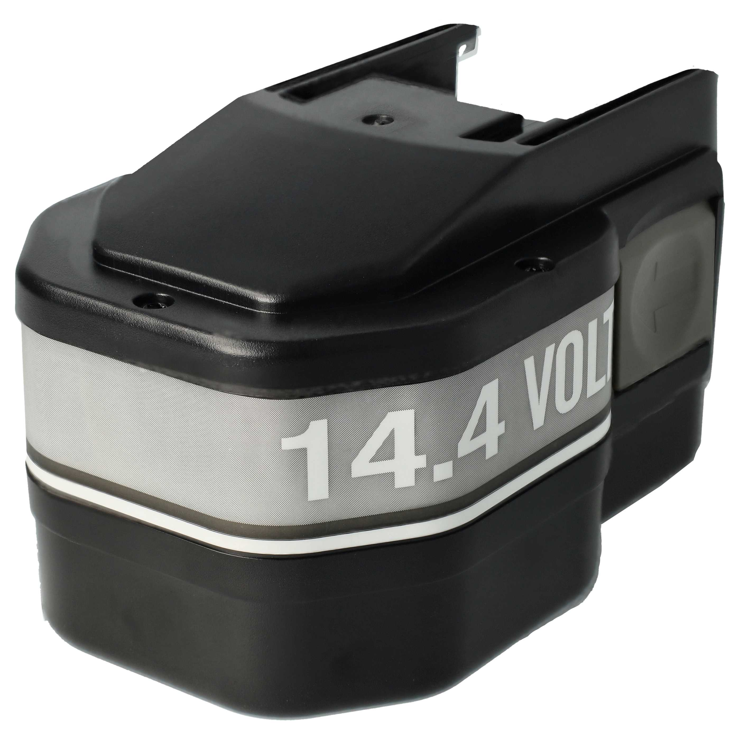 Ein schwarzer 14,4-Volt-Akkupack. Es hat ein silbernes Band mit weißem Text. Der Hintergrund ist weiß.