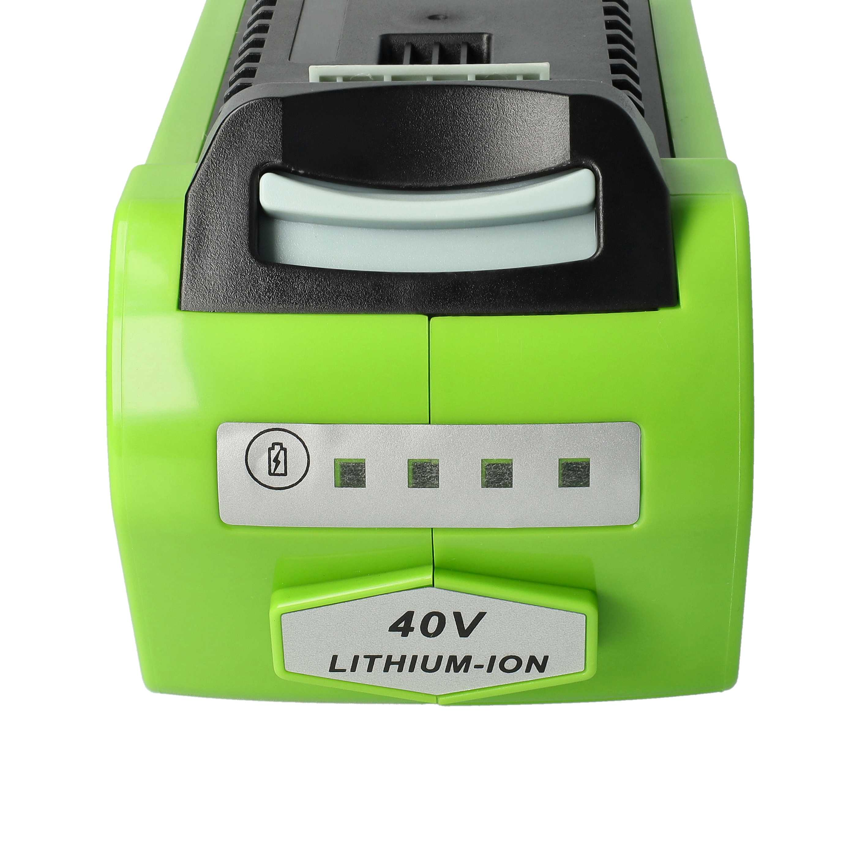 Ein grüner 40V Lithium-Ionen-Akku. Er hat eine schwarze Oberseite, einen Knopf und Leistungsanzeigelampen.