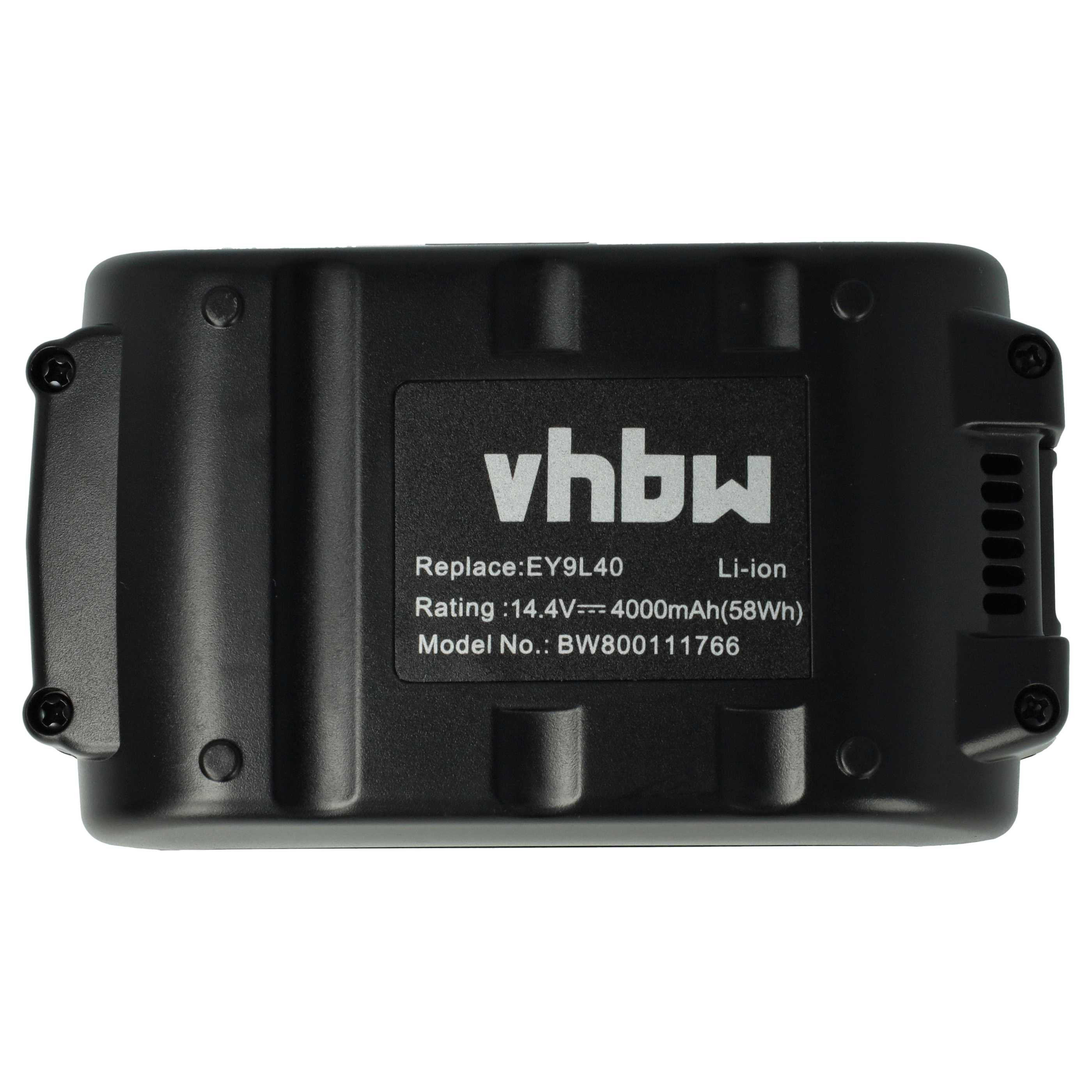 Ein schwarzer Akku mit dem Logo 'vhbw' und Spezifikationen. Enthält Text zu Spannung, Kapazität und Modellnummer.