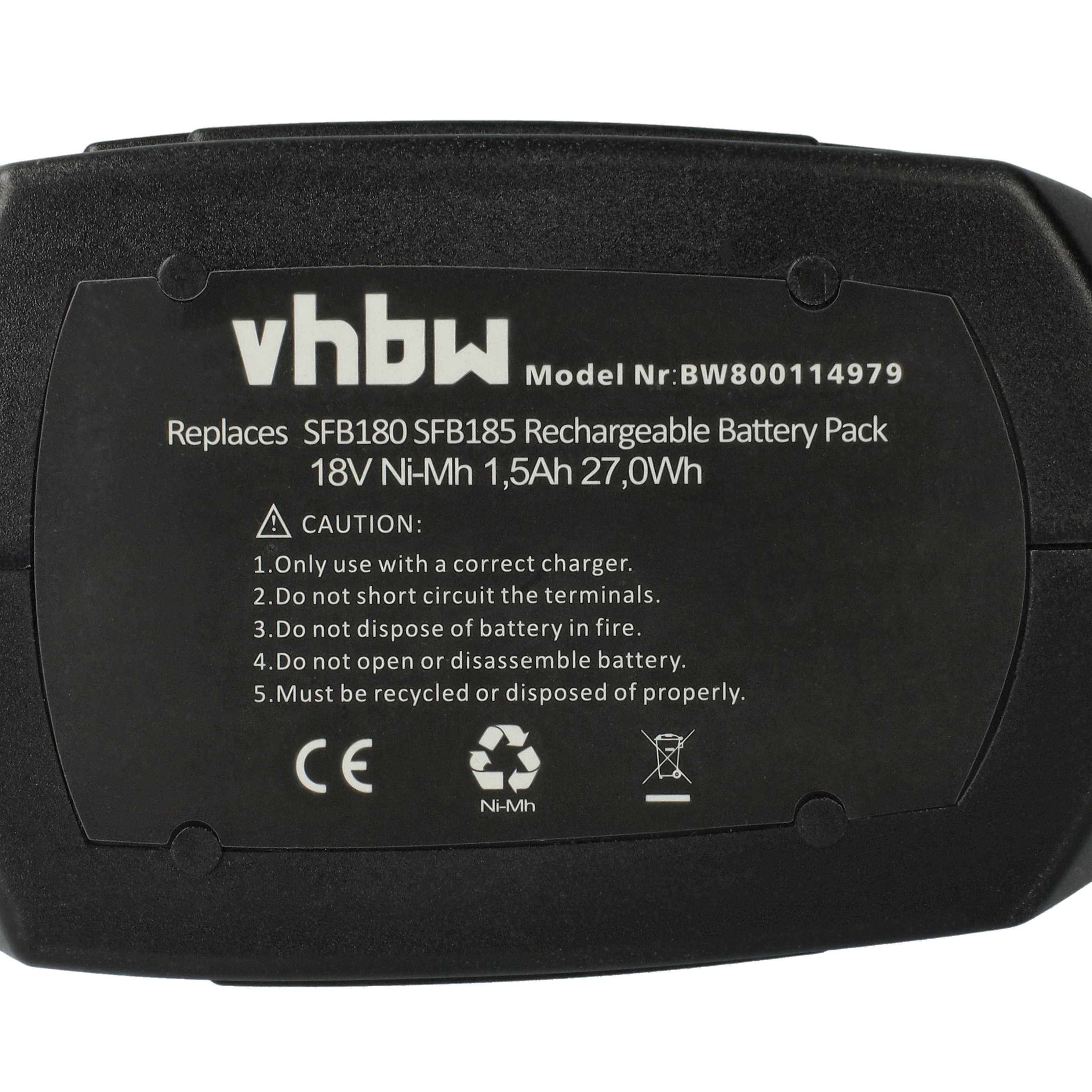 Schwarzer Akku mit weißem Text. Es hat ein Warnschild und Recyclingsymbole. Markenname: vhbw.