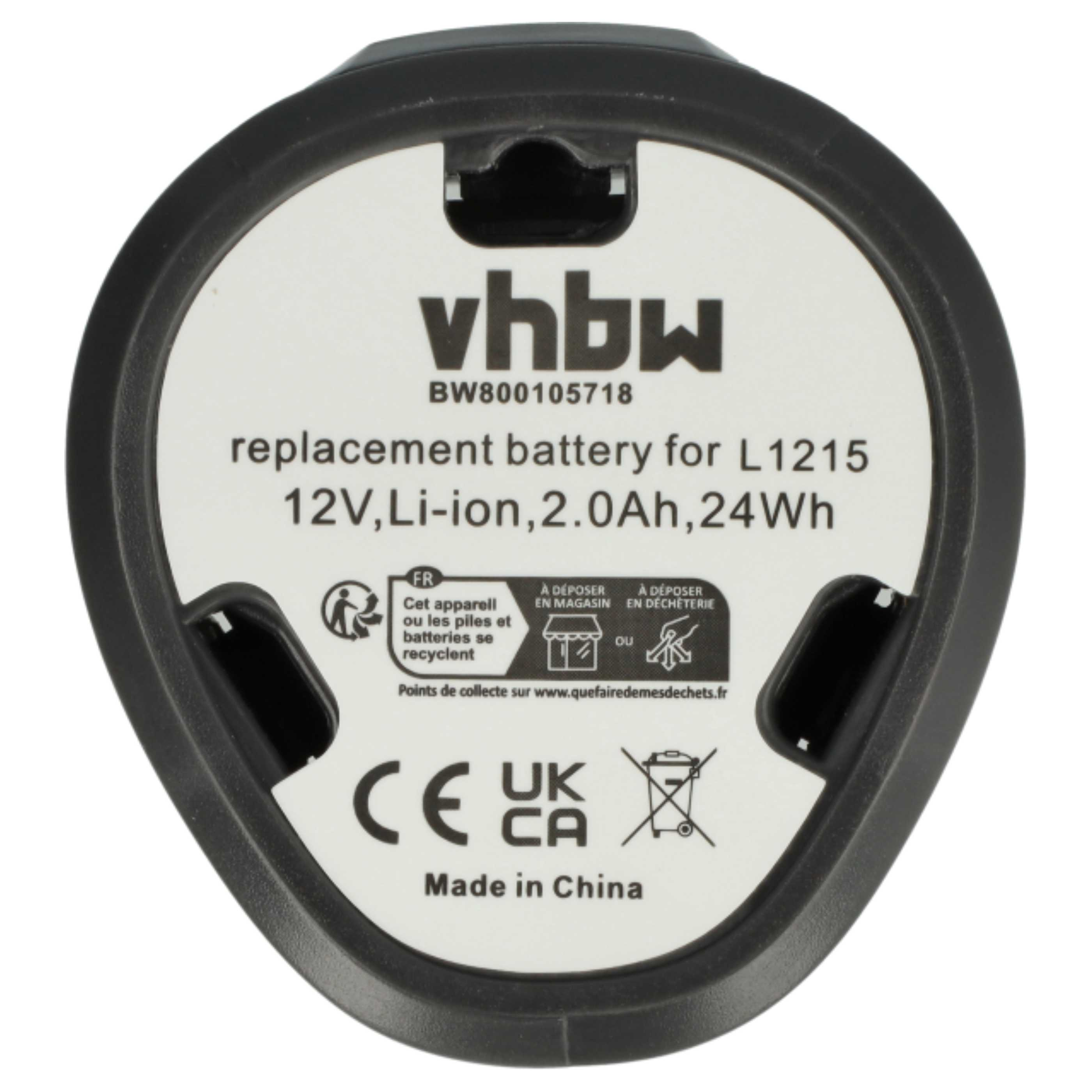 Ein Akku, schwarzer Rahmen, weißer Mittelteil mit Text: vhbw, BW800105718, Ersatzakku für L1215, 12V, Li-Ion, 2,0Ah, 24Wh.