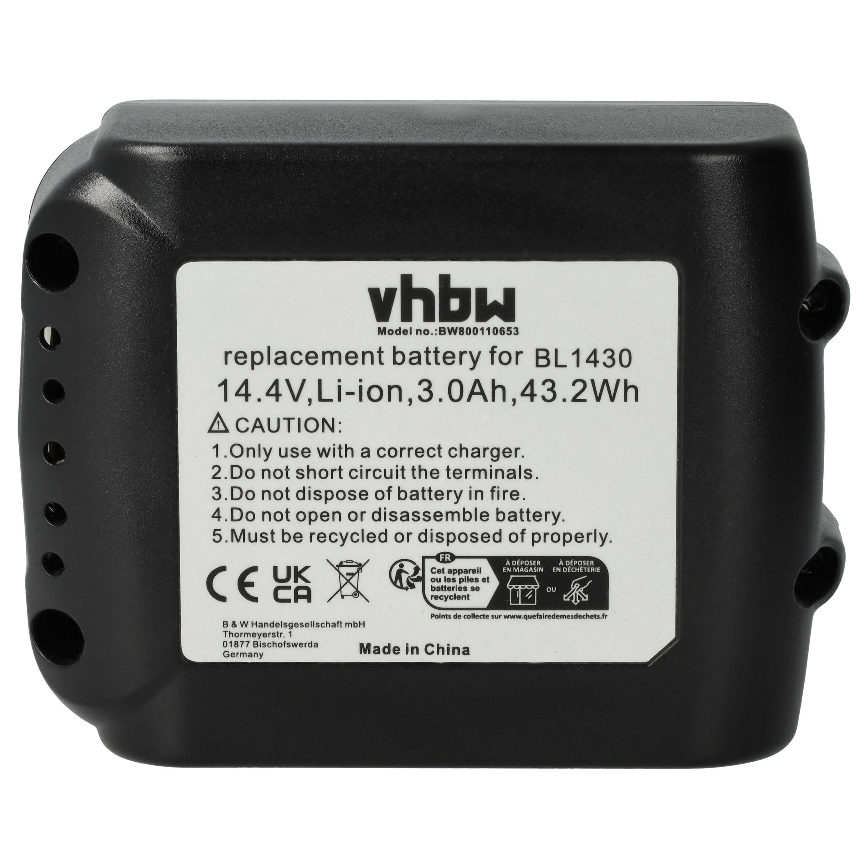 Schwarzer Akku mit weißem Etikett. Text: Ersatzbatterie für BL1430, Vorsicht und Recycling-Symbole.
