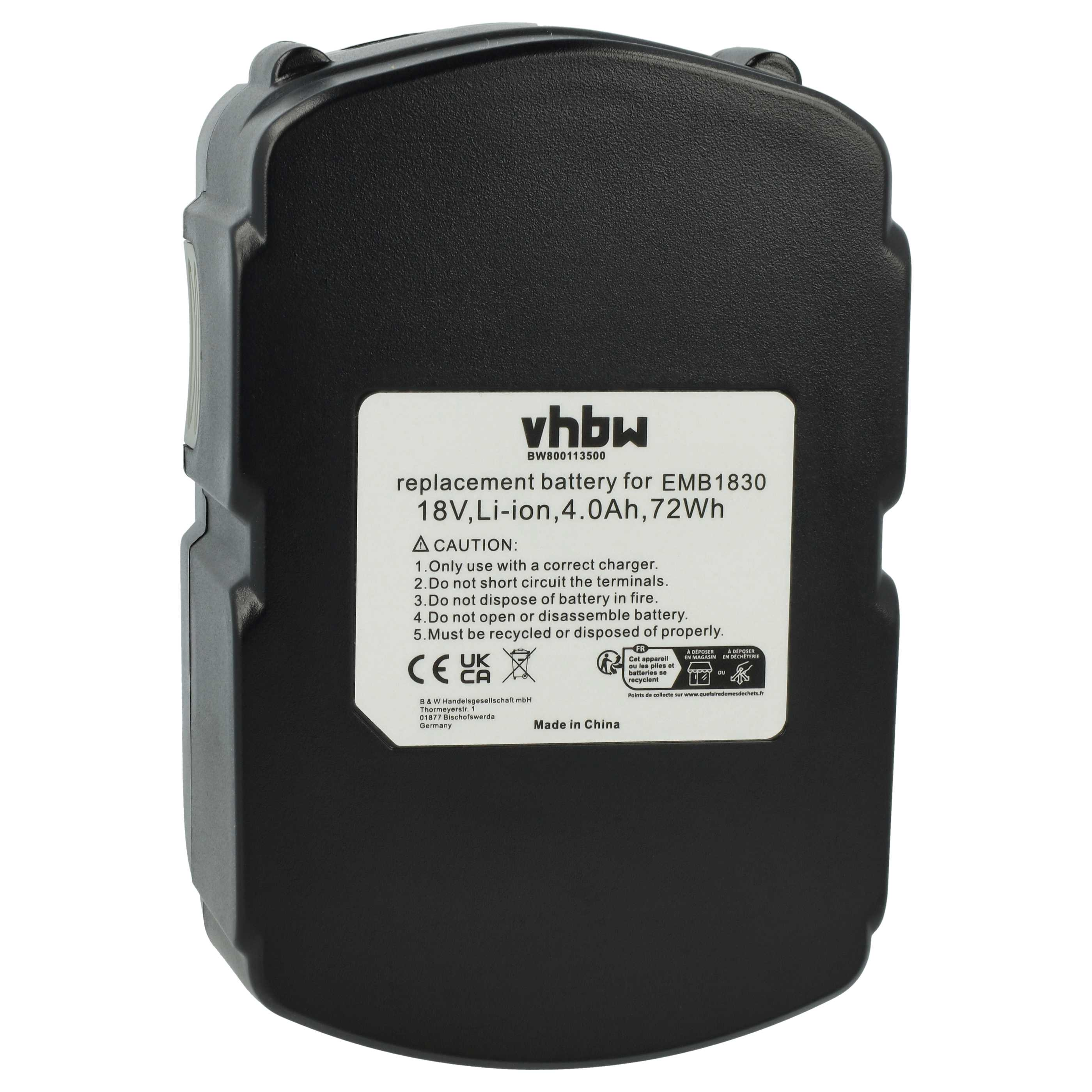 Schwarzer vhbw-Ersatzakku für EMB1830, 18V, Li-Ion, 4,0Ah, 72Wh, mit Warnhinweisen und Recyclingsymbolen.