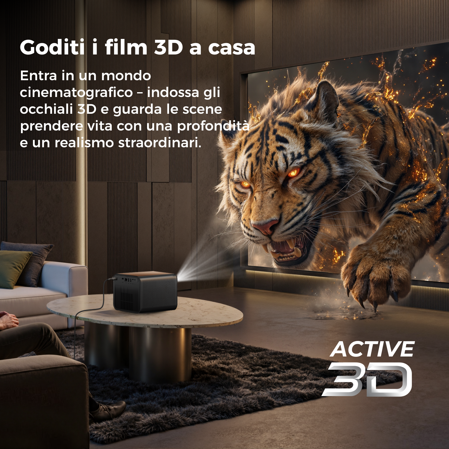 Una tigre esce da uno schermo TV. Un proiettore proietta luce. Una persona è seduta su un divano. Il testo dice 'ACTIVE 3D'.