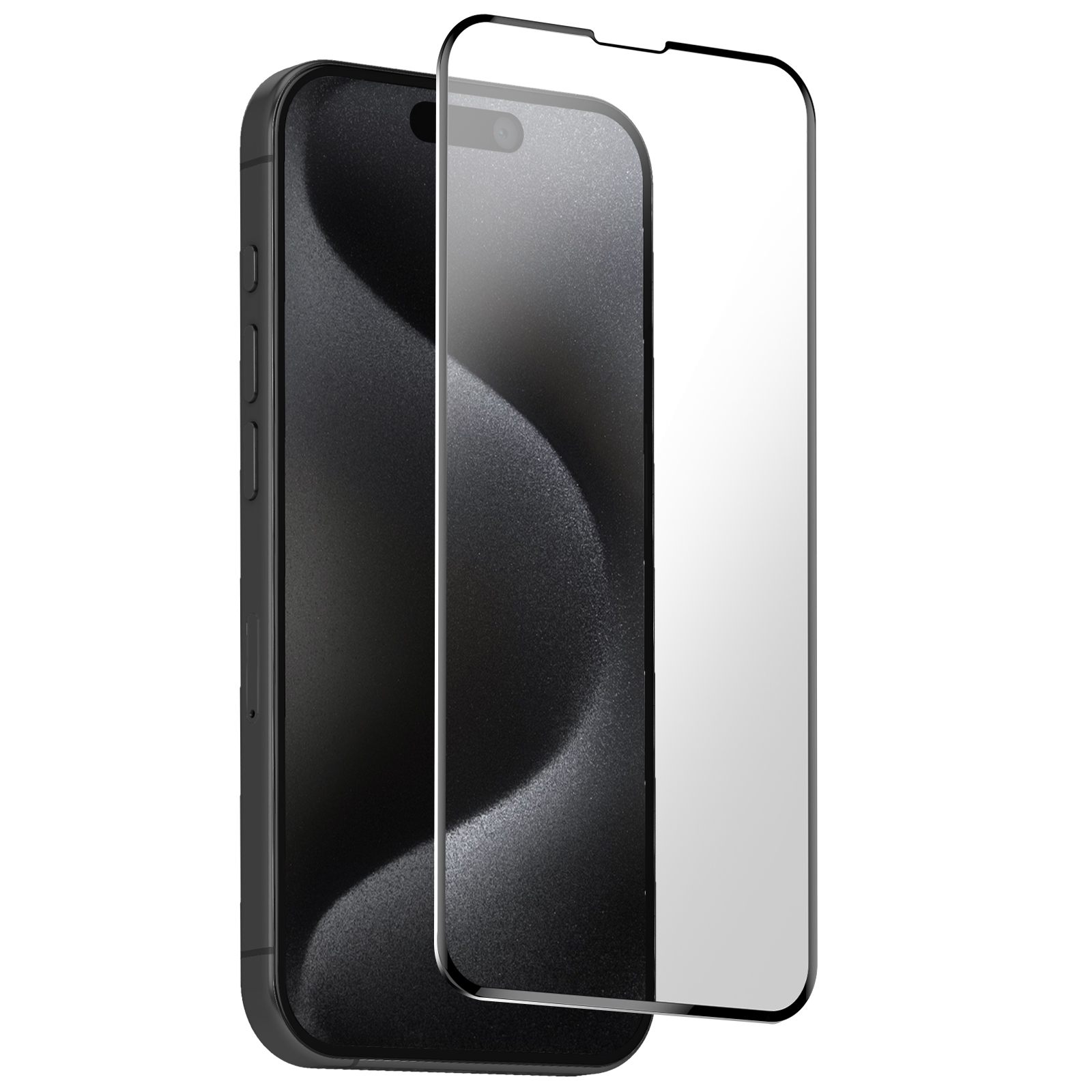 Un telefono nero con una protezione per lo schermo, su sfondo bianco. La protezione è trasparente, il telefono è nero.