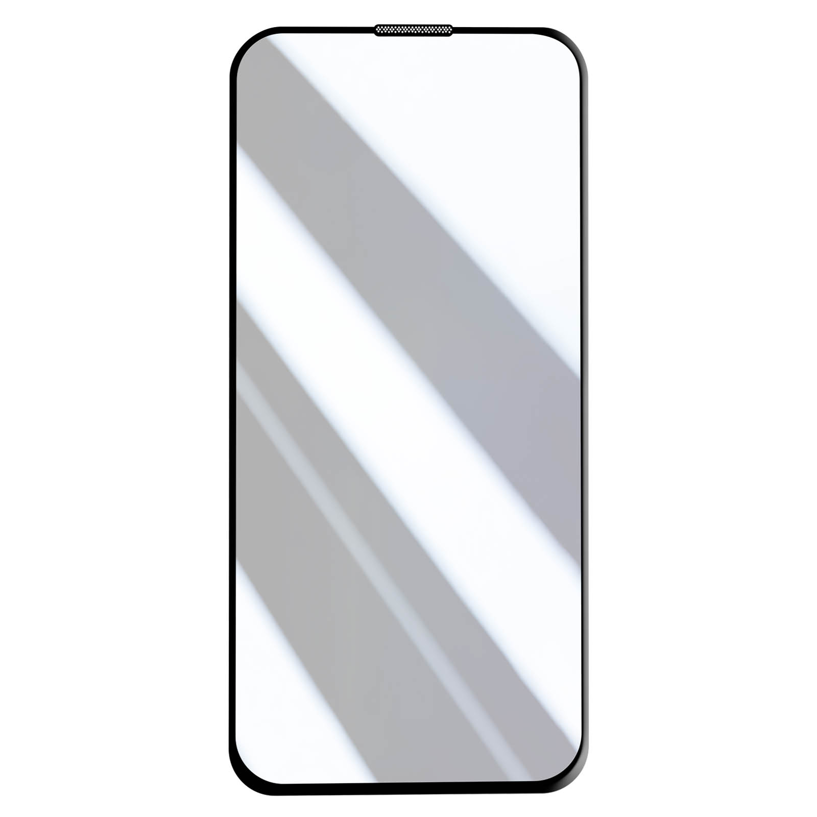 Uno smartphone con bordo nero. Strisce diagonali di luce e ombra sullo schermo. Sfondo bianco.
