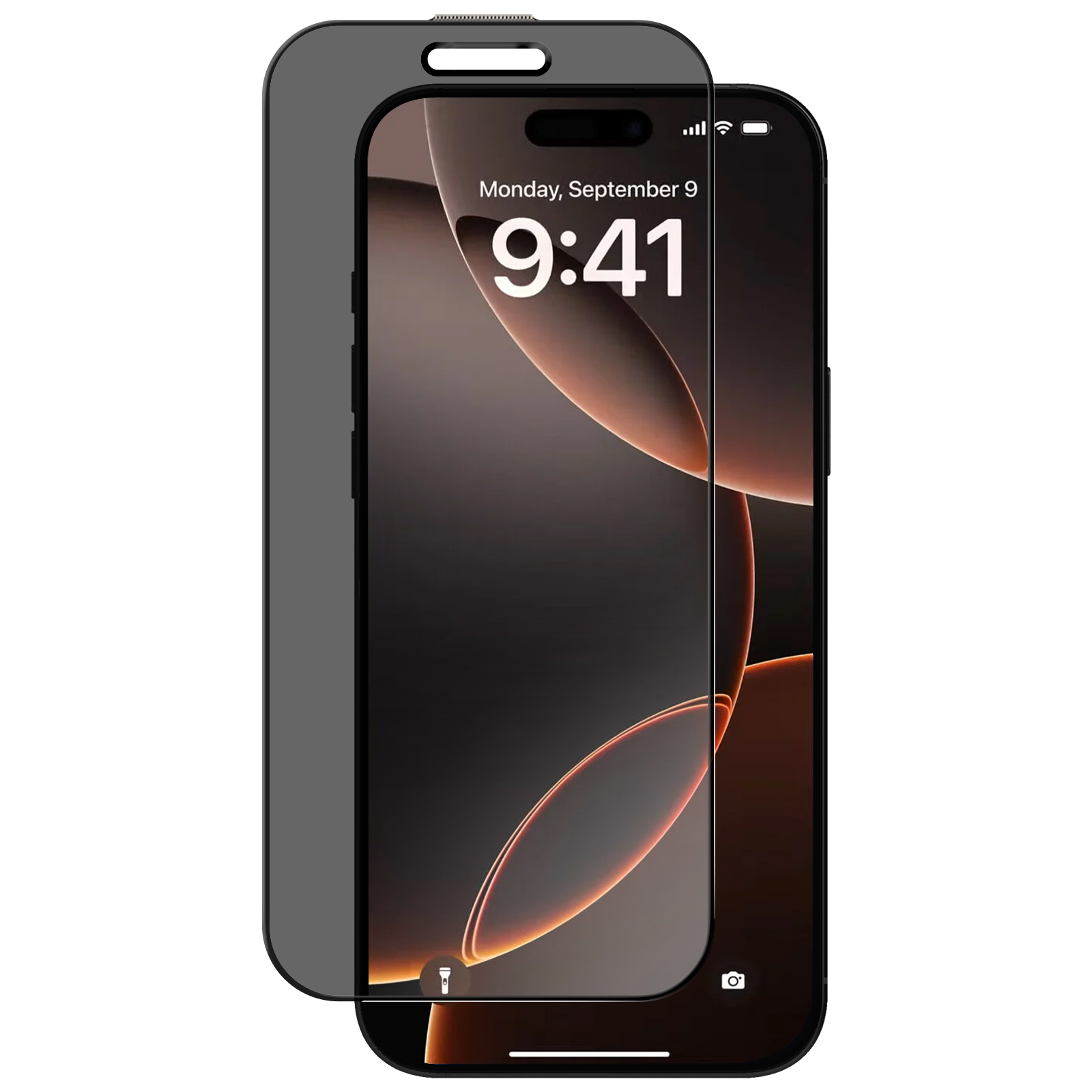 Un iPhone con protezione schermo. Lo schermo mostra l'ora e la data. La protezione è grigia.